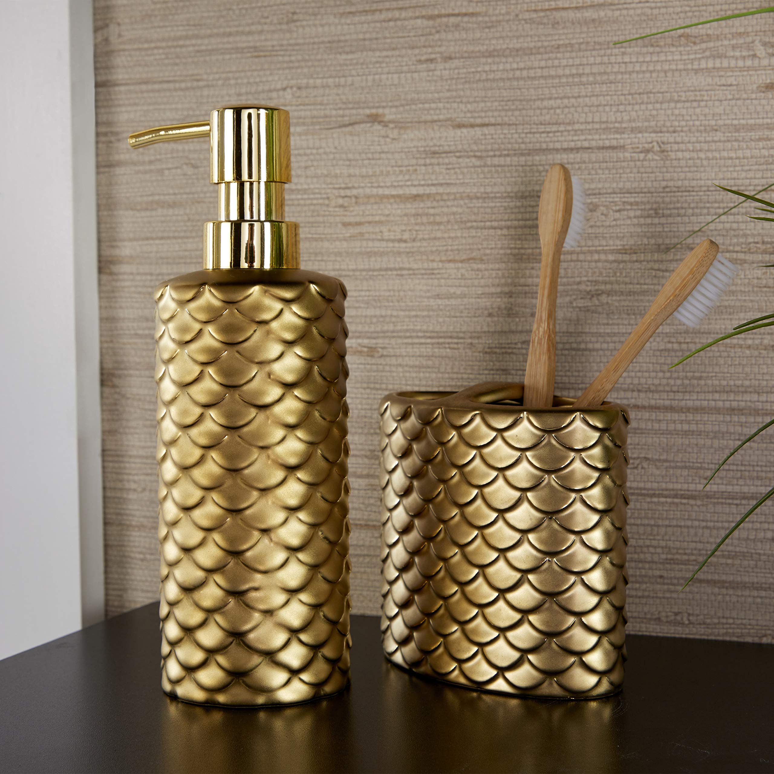 SKL Home Gold Koi Toothbrush Holder - Ceramic Bathroom Organizer for Toothbrushes & Dental Care - Perfect for Modern Bathroom, Spa, or Guest Room Decor