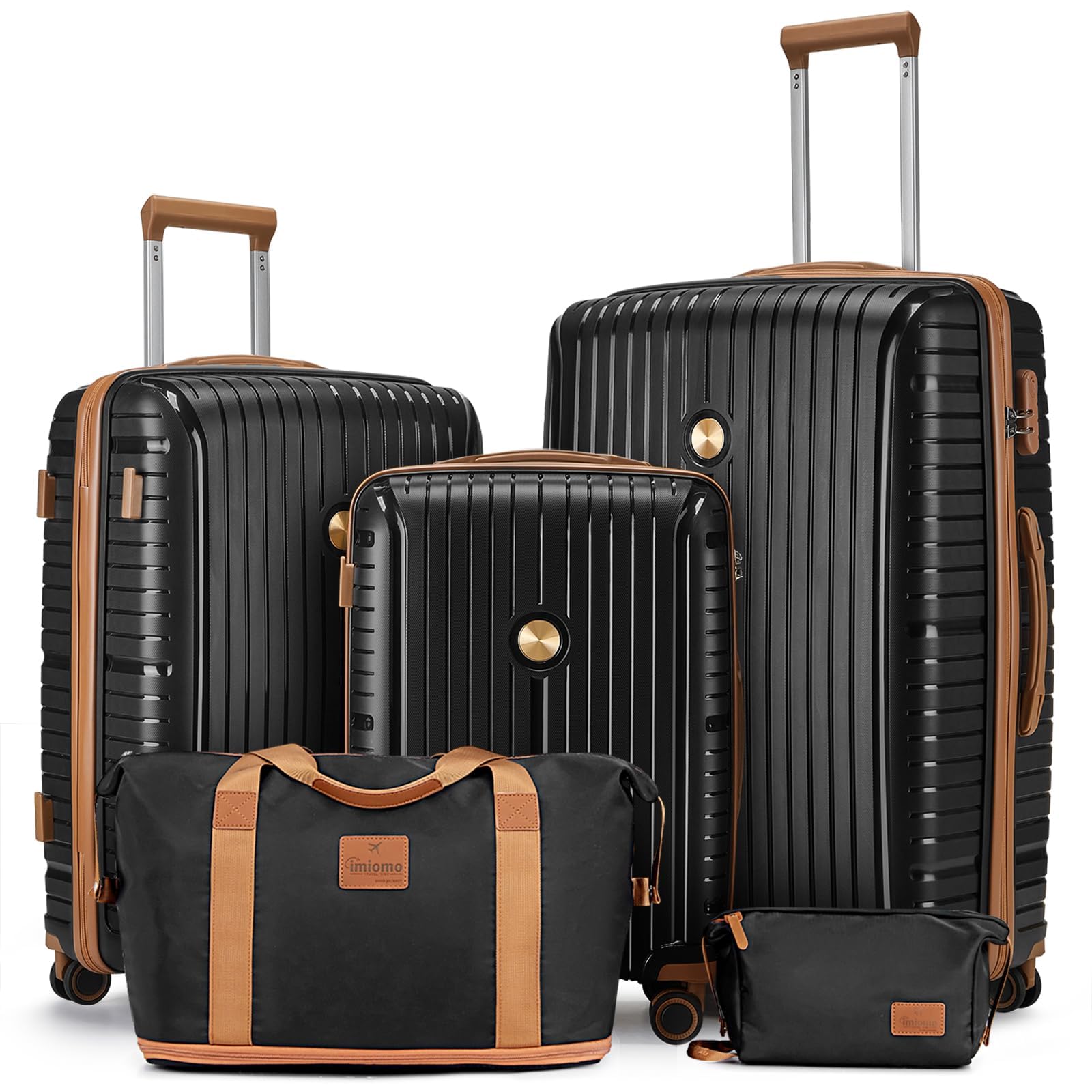 Joyway 5-Piece Hardshell Luggage Set - Lightweight Carry-On Suitcase with Double Spinner Wheels & TSA Lock (Black/Brown) - Perfect for Air Travel, Business Trips & Family Vacations