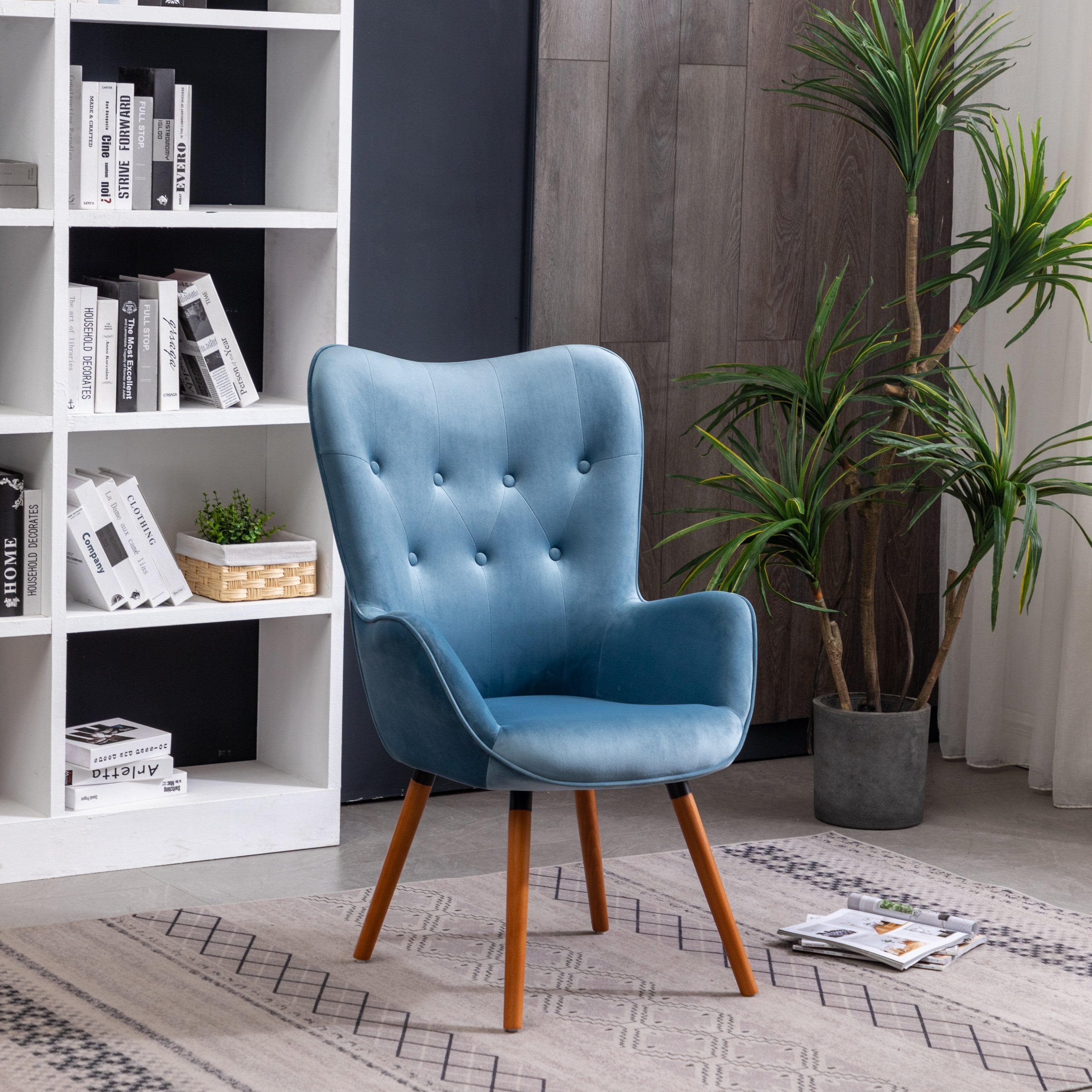 Roundhill Furniture Doarnin Contemporary Silky Velvet Tufted Button Back Accent Chair - Blue Velvet Upholstered Lounge Chair for Living Room, Bedroom & Office Decor - Perfect for Reading Nook, Home Theater Seating and Guest Room Furniture