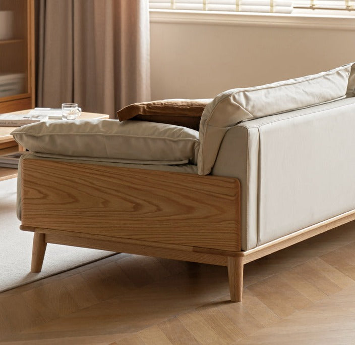 Premium Oak Solid Wood Sofa with High-Tech Fabric & Cotton Linen Finish - Modern Living Room Furniture for Home & Office Comfort