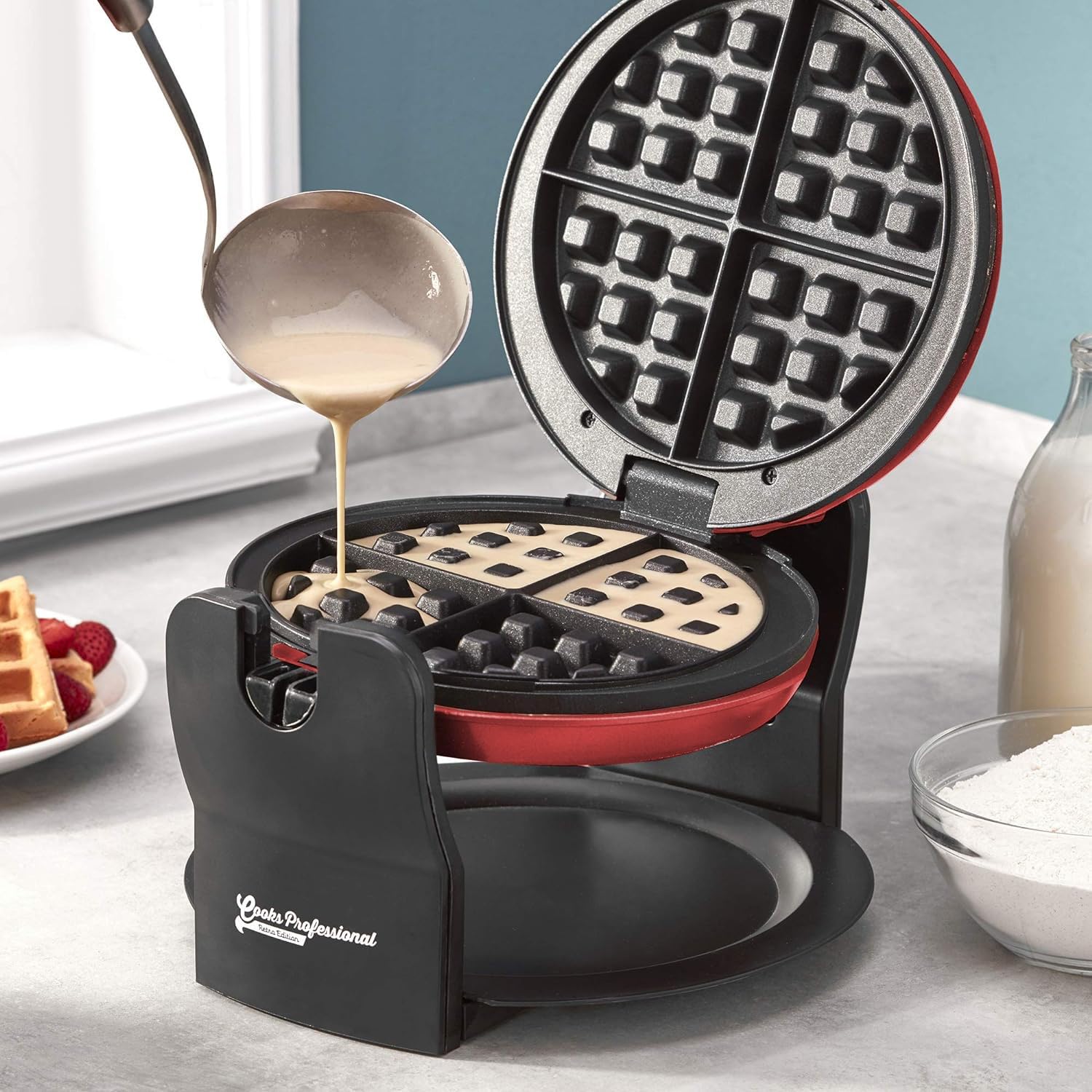 Professional Belgian Waffle Maker 920W - Rotary Electric Waffle Machine with Non-Stick Plates & Easy Clean - Perfect for Breakfast, Brunch, and Family Gatherings - Red