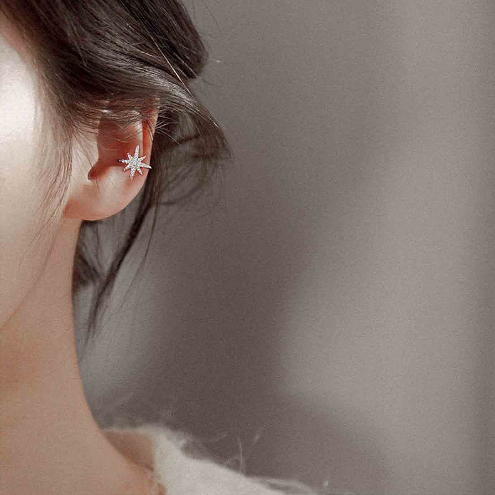 Boho Crystal North Star Ear Cuff - Gold Rhinestone Starburst Clip-On Earrings for Women & Girls | Non-Pierced CZ Jewelry | Perfect for Parties, Weddings & Festivals