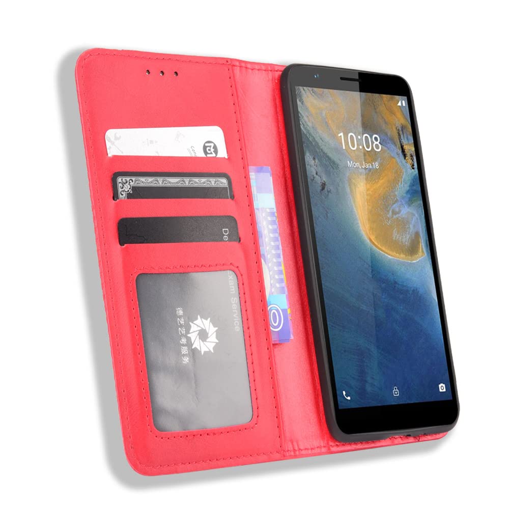 Magnetic Flip Wallet Case for ZTE Avid 589 / Z5158 - PU Leather Cover with Credit Card Slots & Kickstand | Protective Folio for Everyday Use, Travel & Business (Red)
