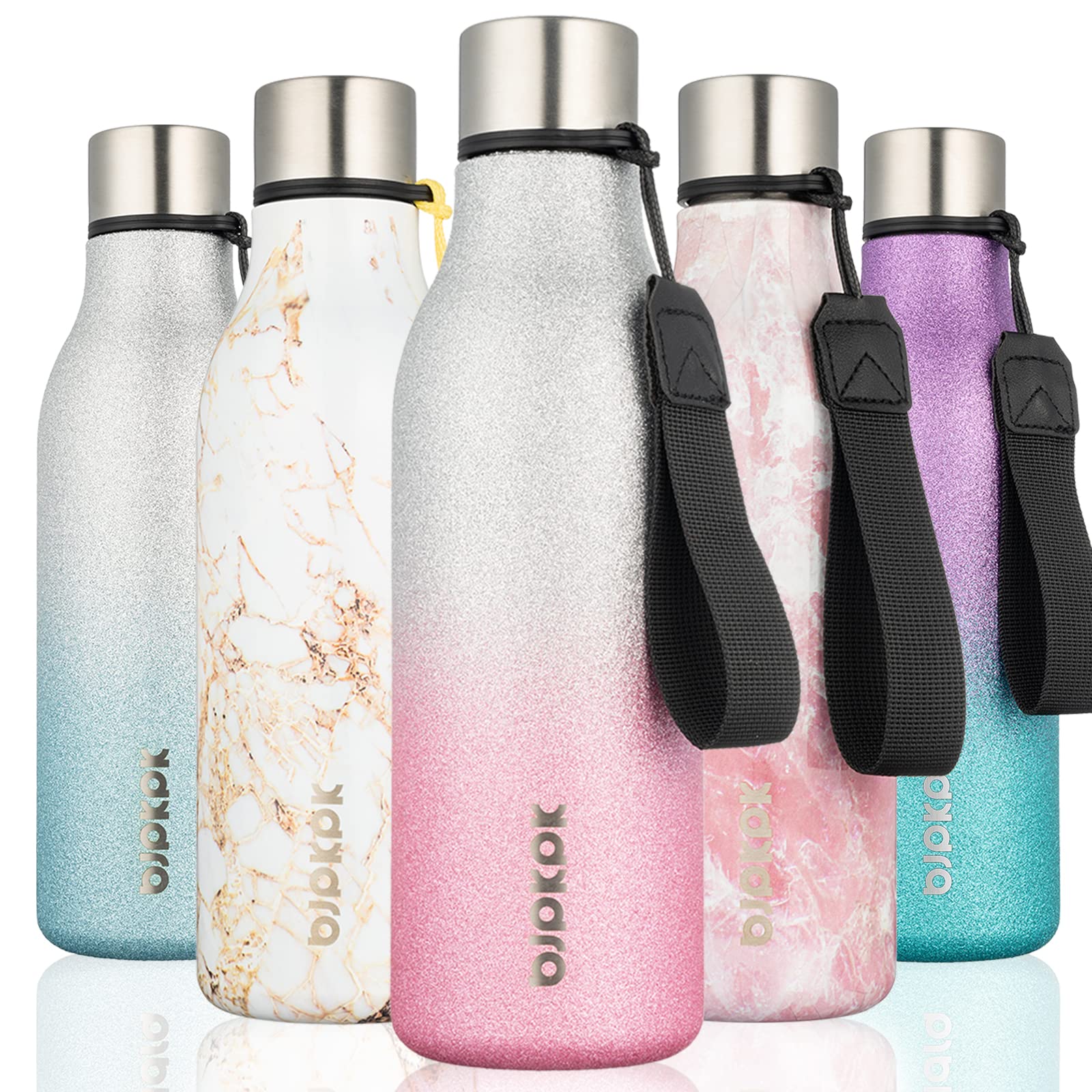 BJPKPK 18 oz Insulated Stainless Steel Water Bottle with Strap - BPA Free, Leak Proof, Double Wall Vacuum Thermos for Hot & Cold Drinks - Reusable Sports & Travel Water Bottle (Sparkling Silver Pink) - Perfect for Gym, Hiking, Camping and Outdoor Activities