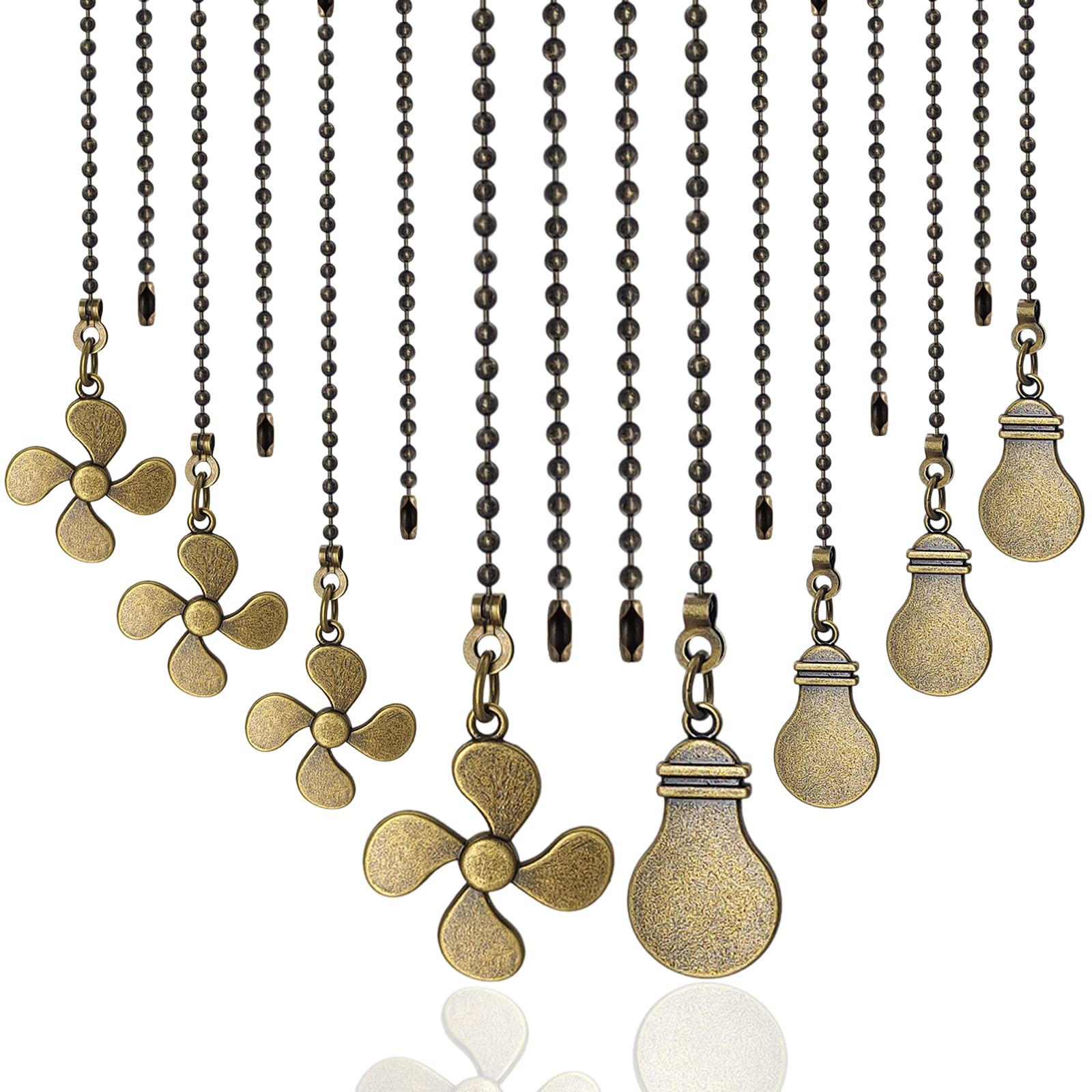 EIFHYT 12 Inch Ceiling Fan Pull Chain Set with Light Bulb & Fan Pattern - 3mm Diameter Beaded Ball Connector - Bronze Finish (4 Pack) - Perfect for Bedroom, Living Room & Office Ceiling Fan Replacement
