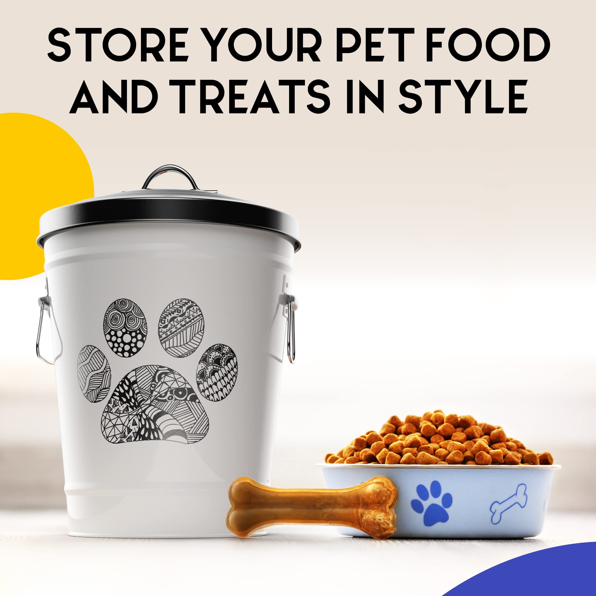 Amici Home Zentangle Pet Paw Canister - Airtight Dog & Cat Food Storage Container with Lid - 17 lbs Metal Bin for Dry Kibble - Modern Kitchen & Pantry Organization for Pet Owners