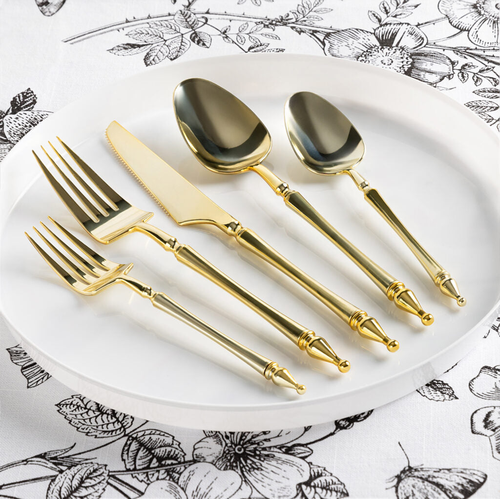Majestic Collection 20-Piece Gold Plastic Flatware Set - Elegant Disposable Cutlery for Parties, Weddings & Events