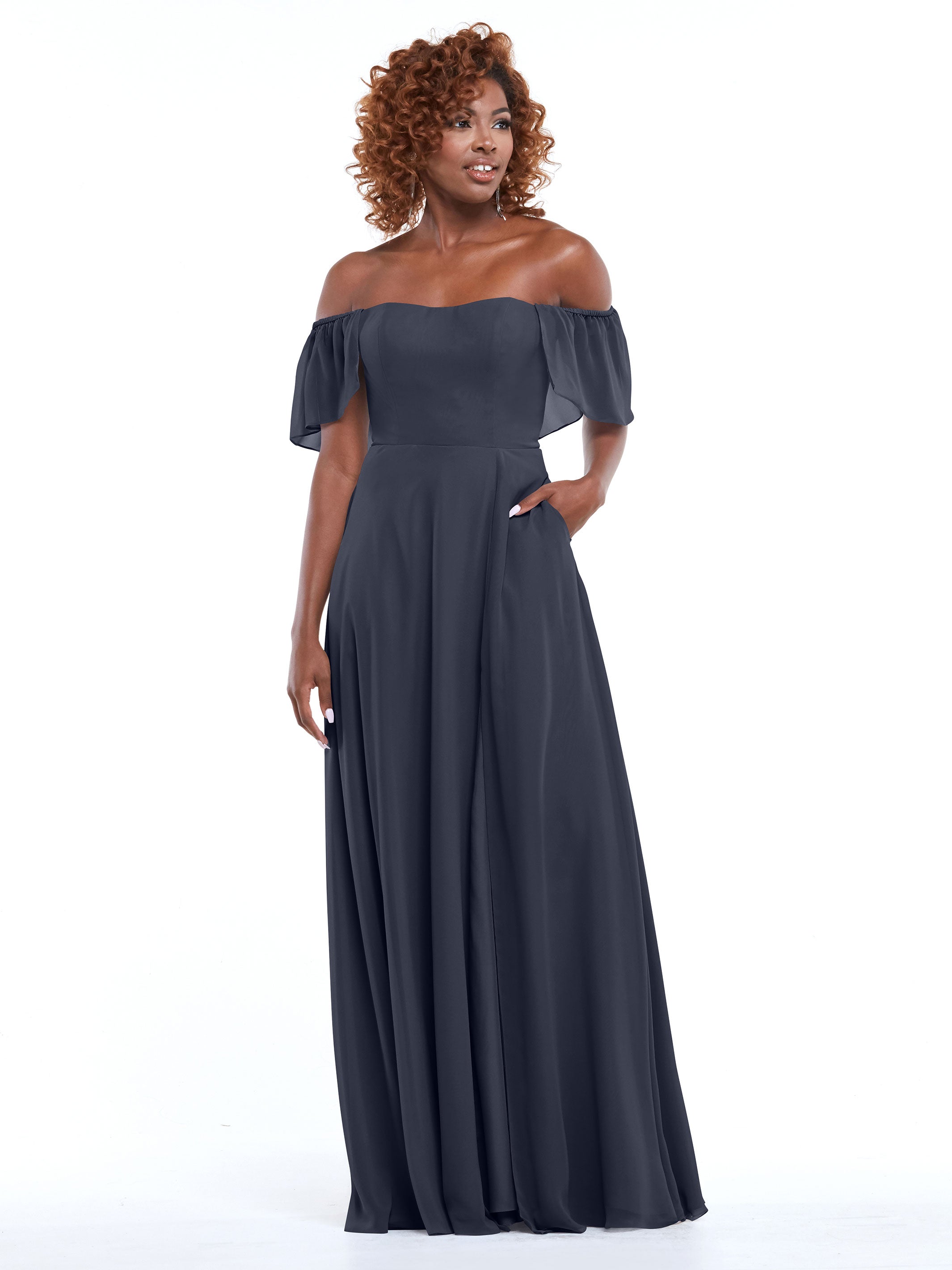 Elegant A-Line Off-The-Shoulder Chiffon Bridesmaid Dress with Pockets - 80168 | Perfect for Weddings, Formal Events & Special Occasions