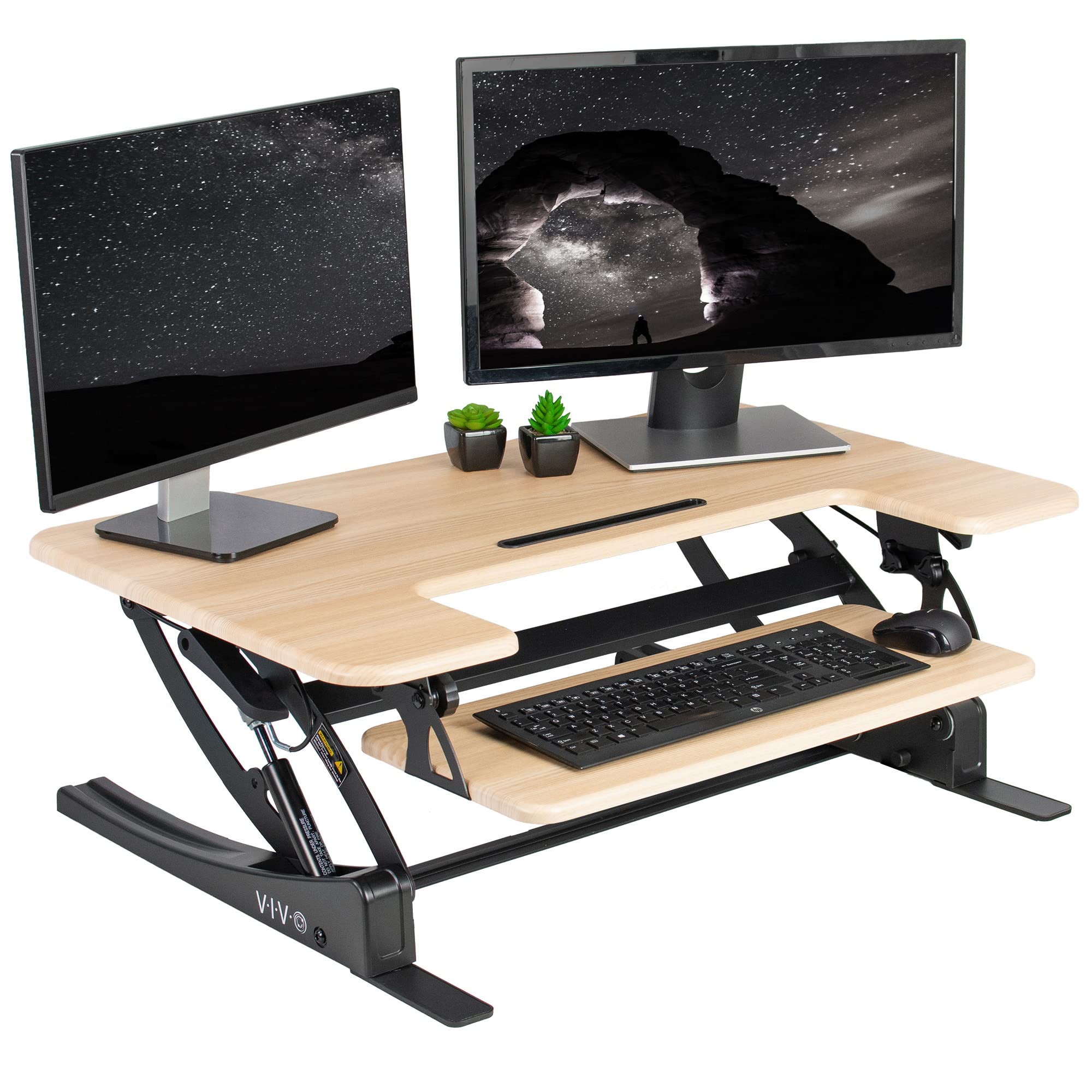 VIVO V Series 36 Inch Height Adjustable Stand Up Desk Converter - Quick Sit to Stand Tabletop Dual Monitor Riser Workstation with Light Wood Top & Black Frame (DESK-V000VO) - Perfect for Home Office, Gaming Setup & Workspace Ergonomics