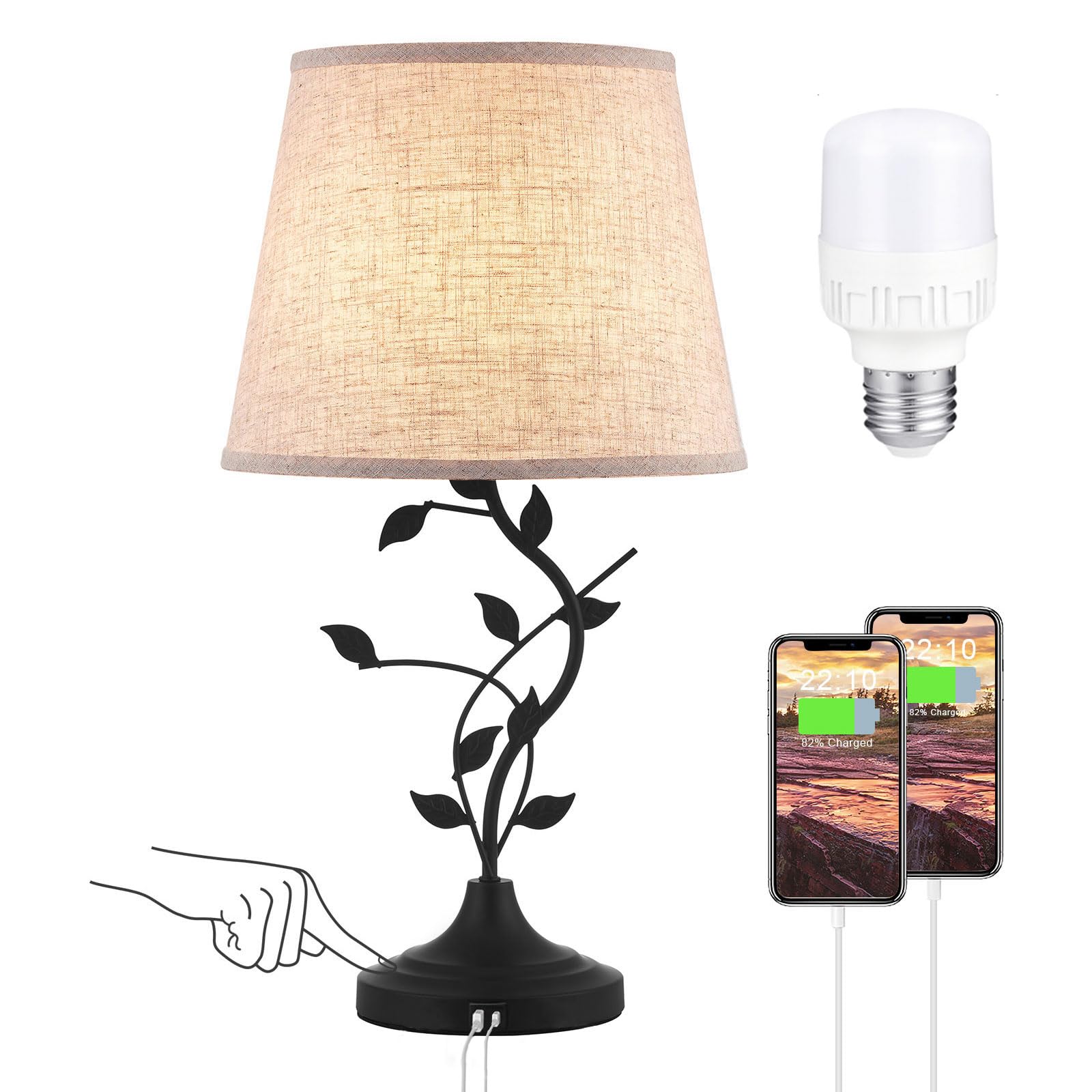 Kakanuo 3-Way Dimmable USB Touch Table Lamp with USB-C Charging Ports - Retro Nightstand Lamp for Bedroom, Living Room & Office - LED Bulb Included (Beige) | Perfect for Reading, Working & Creating Cozy Atmosphere
