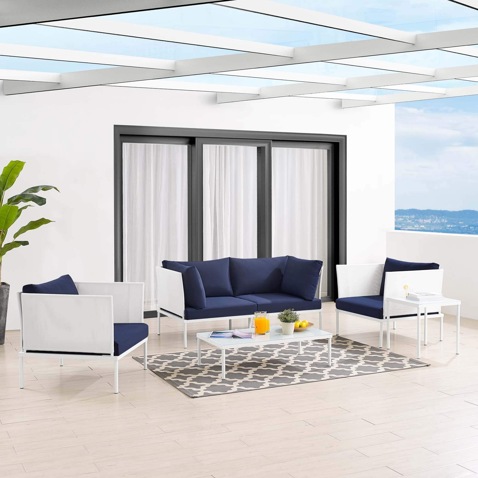Modway Harmony 5-Piece Outdoor Patio Furniture Set - White & Navy Sunbrella Cushions, Aluminum Frame - Perfect for Backyard, Poolside & Garden Relaxation