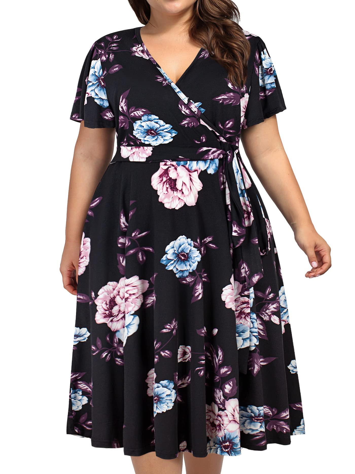 Kissmay Plus Size Women's V-Neck Floral Print Cocktail Party Midi Dress with Pockets - Elegant Formal Wear for Weddings, Evening Events & Special Occasions
