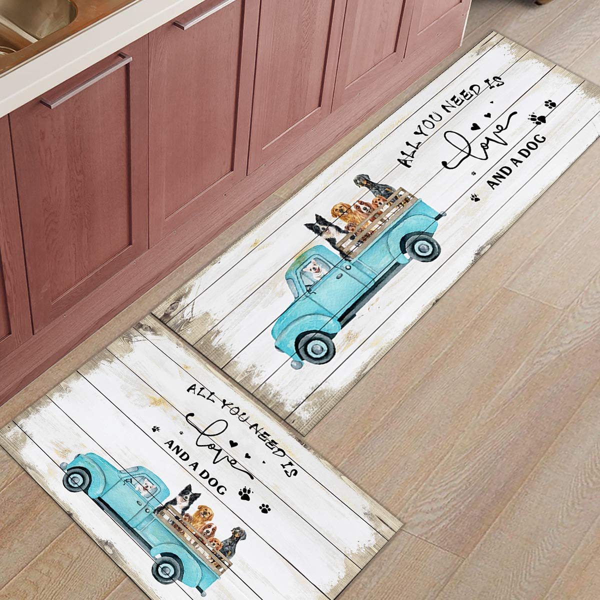Set of 2 Non-Slip Anti-Fatigue Kitchen Mats - Waterproof & Oil-Proof Wooden Plank Design with Vintage Truck & Doberman Pattern - Perfect for Standing Comfort While Cooking, Baking or Dishwashing in Farmhouse Style Kitchens
