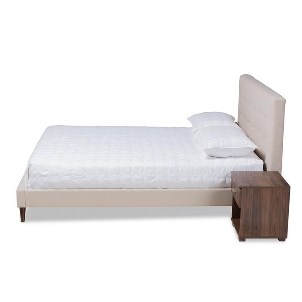 BOWERY HILL Queen Size Beige Platform Bed Frame with 2 Nightstands - Modern Minimalist Bedroom Furniture Set for Small Spaces & Guest Rooms