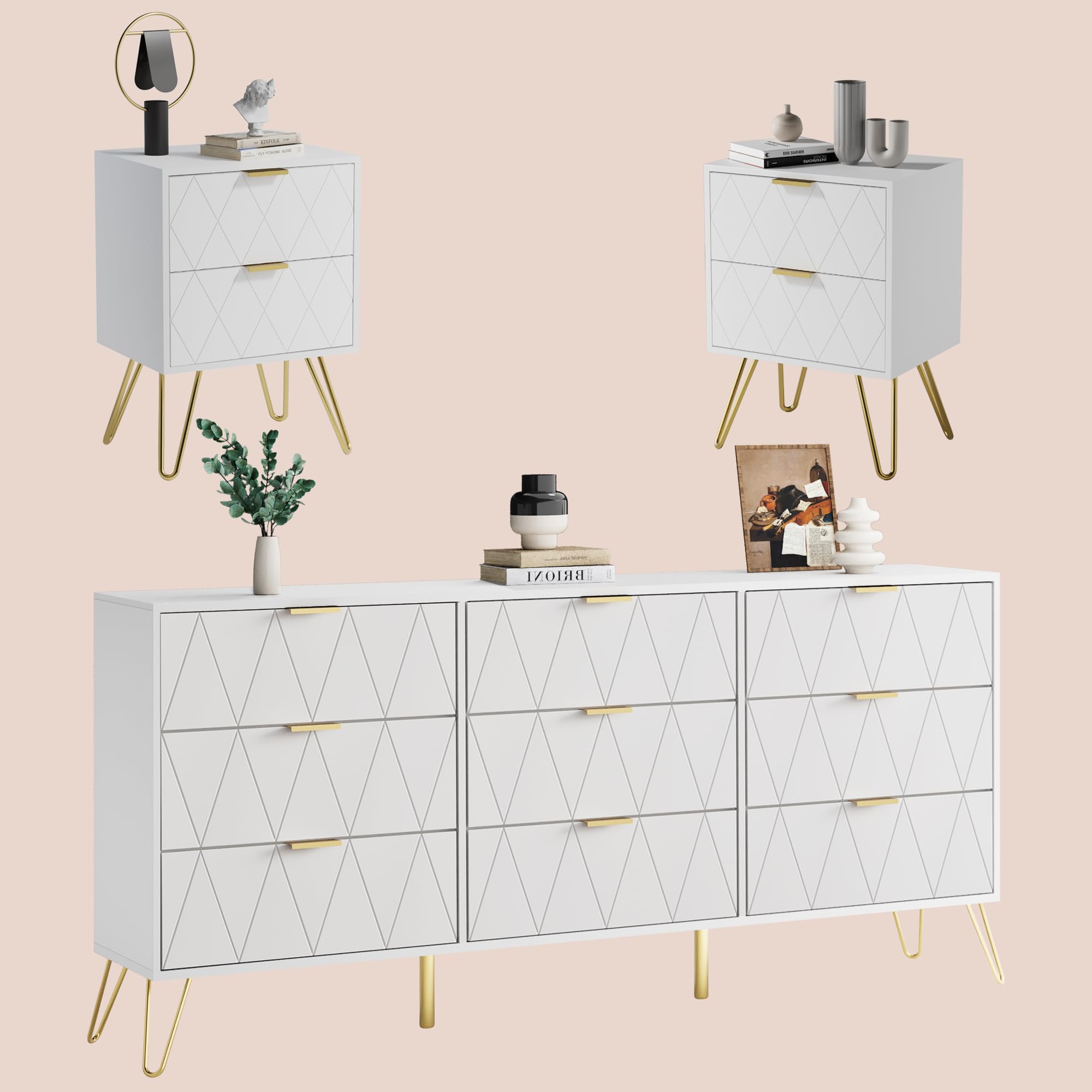 Anbuy 9-Drawer Dresser and Nightstand Set for Bedroom - 3-Piece White Wooden Storage Combo with 2 Nightstands | Perfect for Master Bedroom, Guest Room & Apartment Furniture