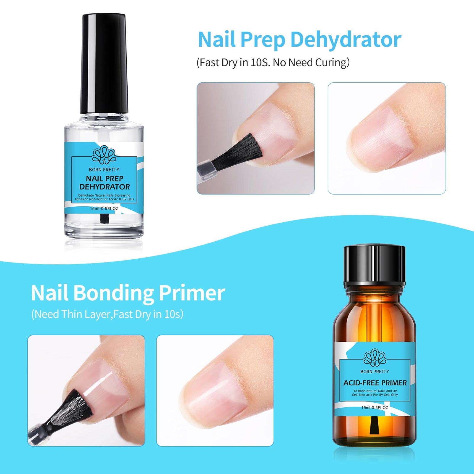 BORN PRETTY 2Pcs Nail Prep Dehydrator & Primer Set for Acrylic & Gel Nails - Professional Nail Art Kit for Salon & Home Manicure