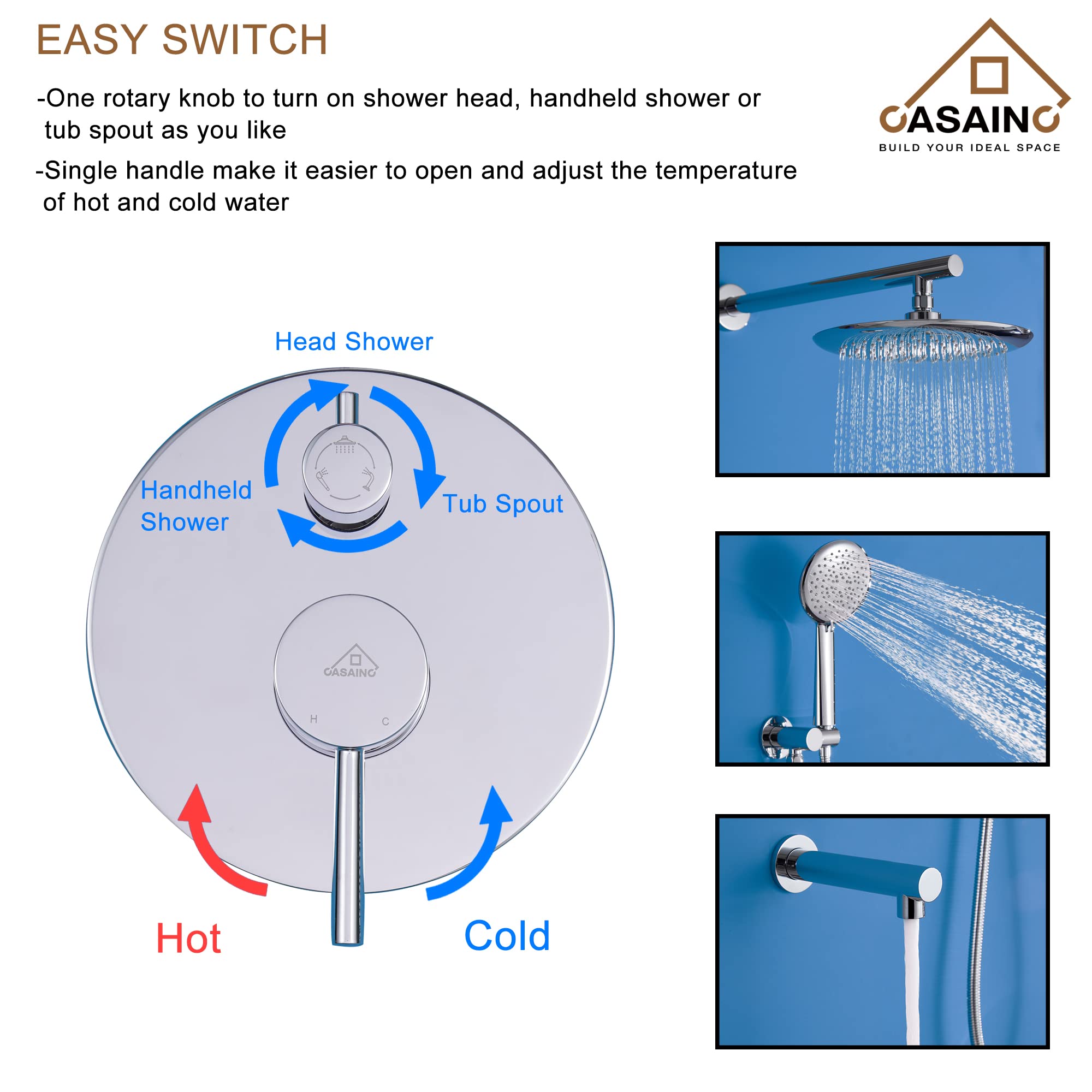 CASAINC Complete Shower System with Tub Spout - 9.5