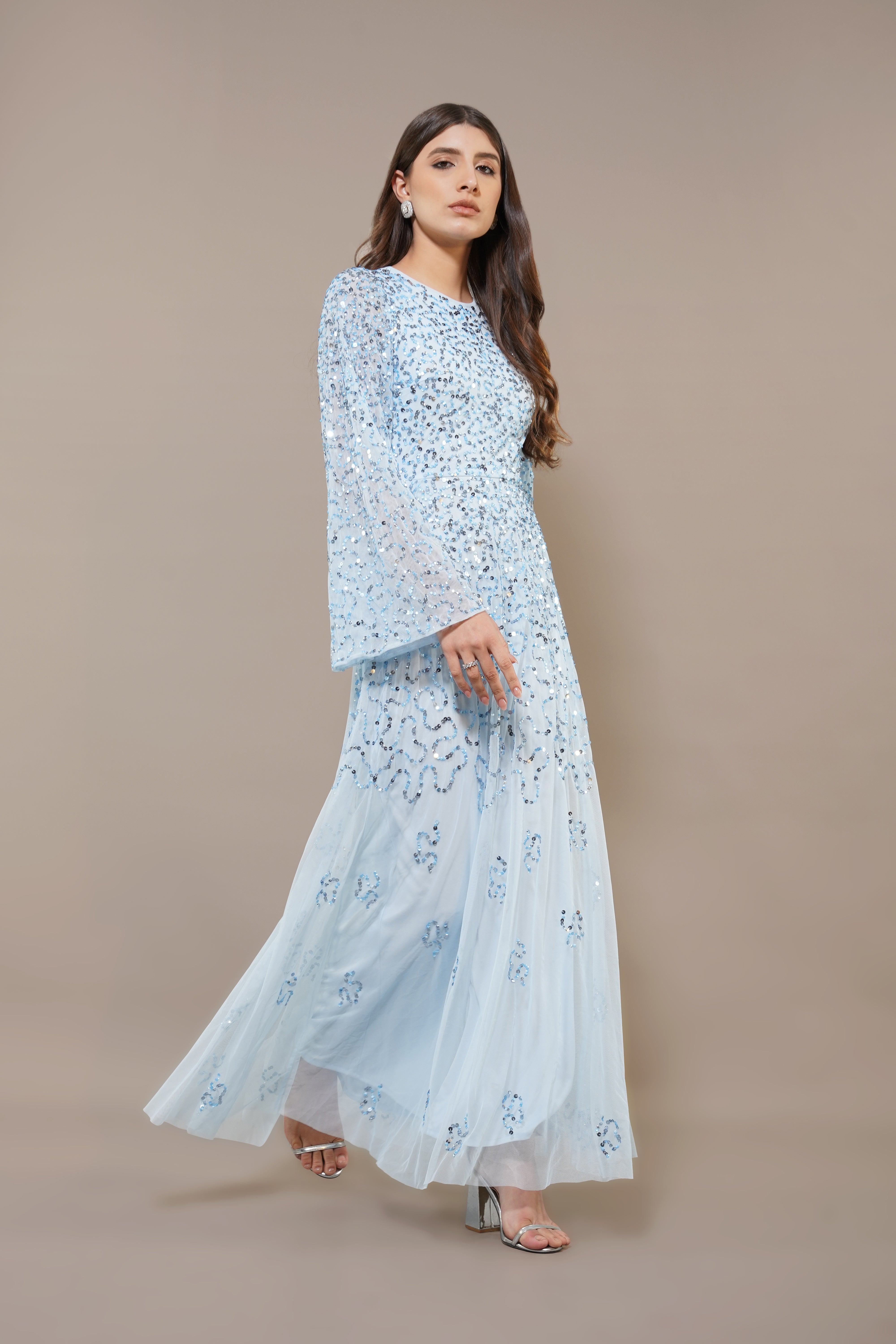 Sloane Long Sleeve Embellished Maxi Dress - Sky Blue Women's Elegant Evening Gown for Parties, Weddings & Special Occasions
