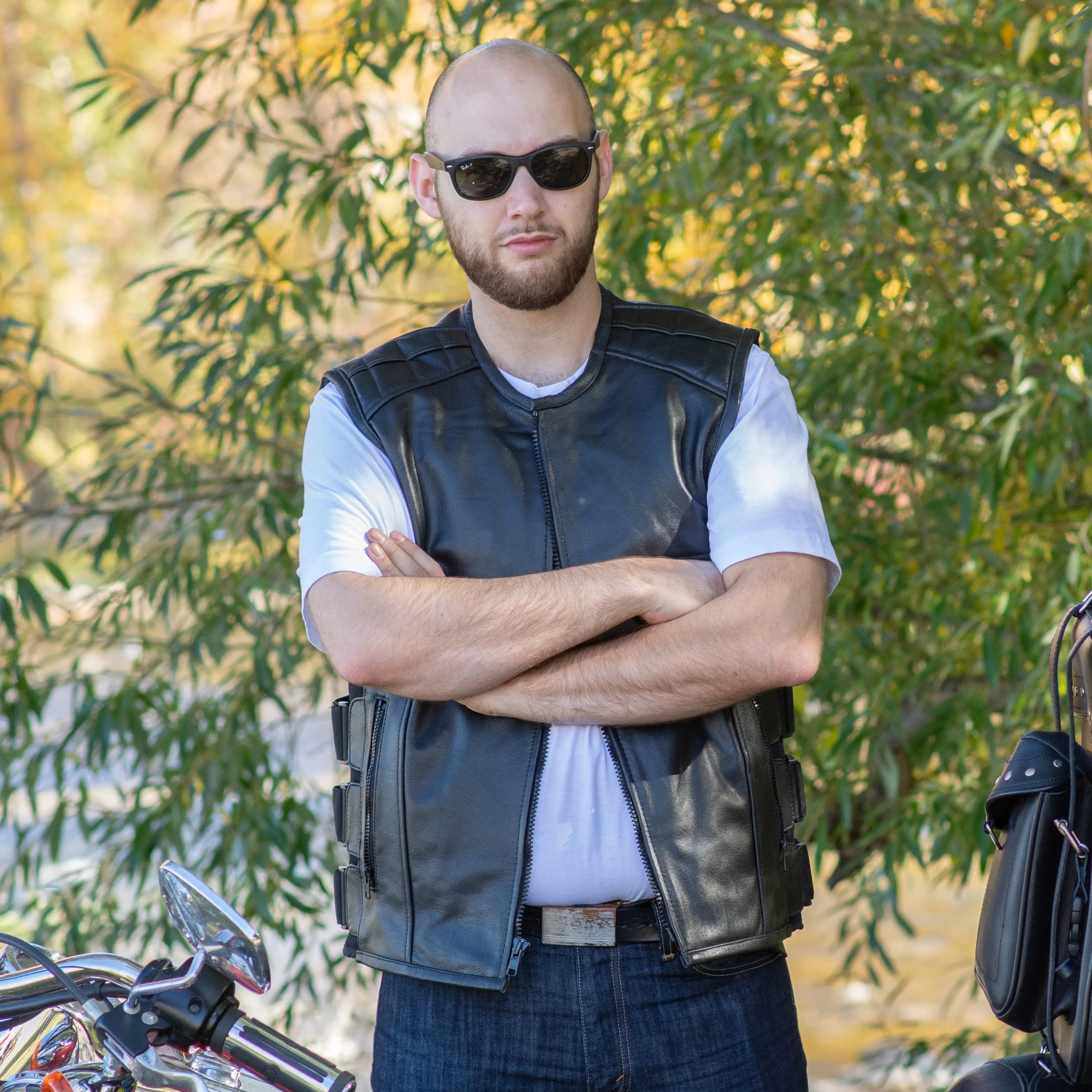 Open Road Men's Zip Up Tactical Leather Vest - Durable Biker Jacket for Motorcycle Riding, Outdoor Adventures & Casual Wear