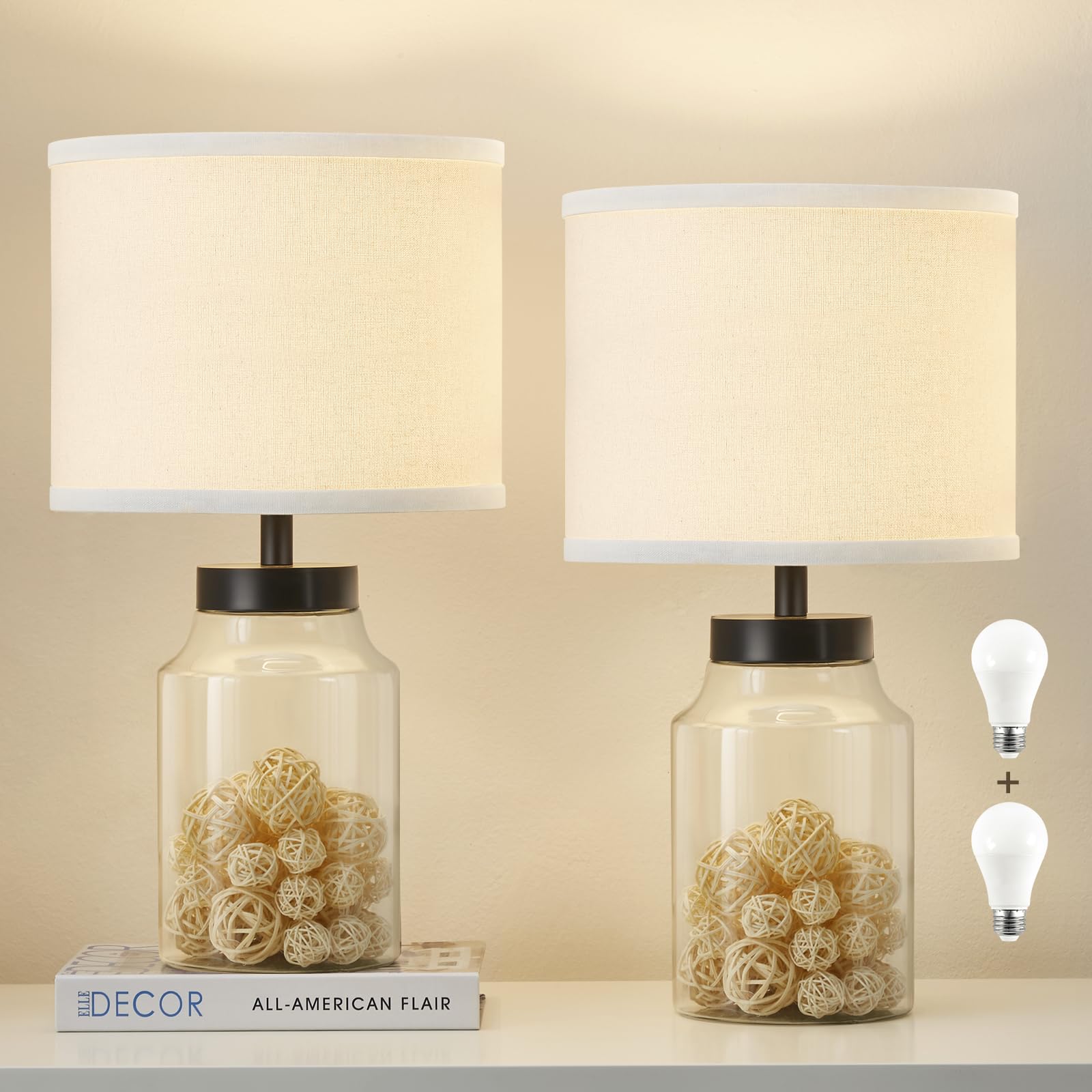 GyroVu Fillable Glass Table Lamp with White Lampshade - Modern Decorative Lighting for Living Room, Bedroom & Office - Includes Bulb - Perfect for Nightstands, Desks and Home Decor (White)