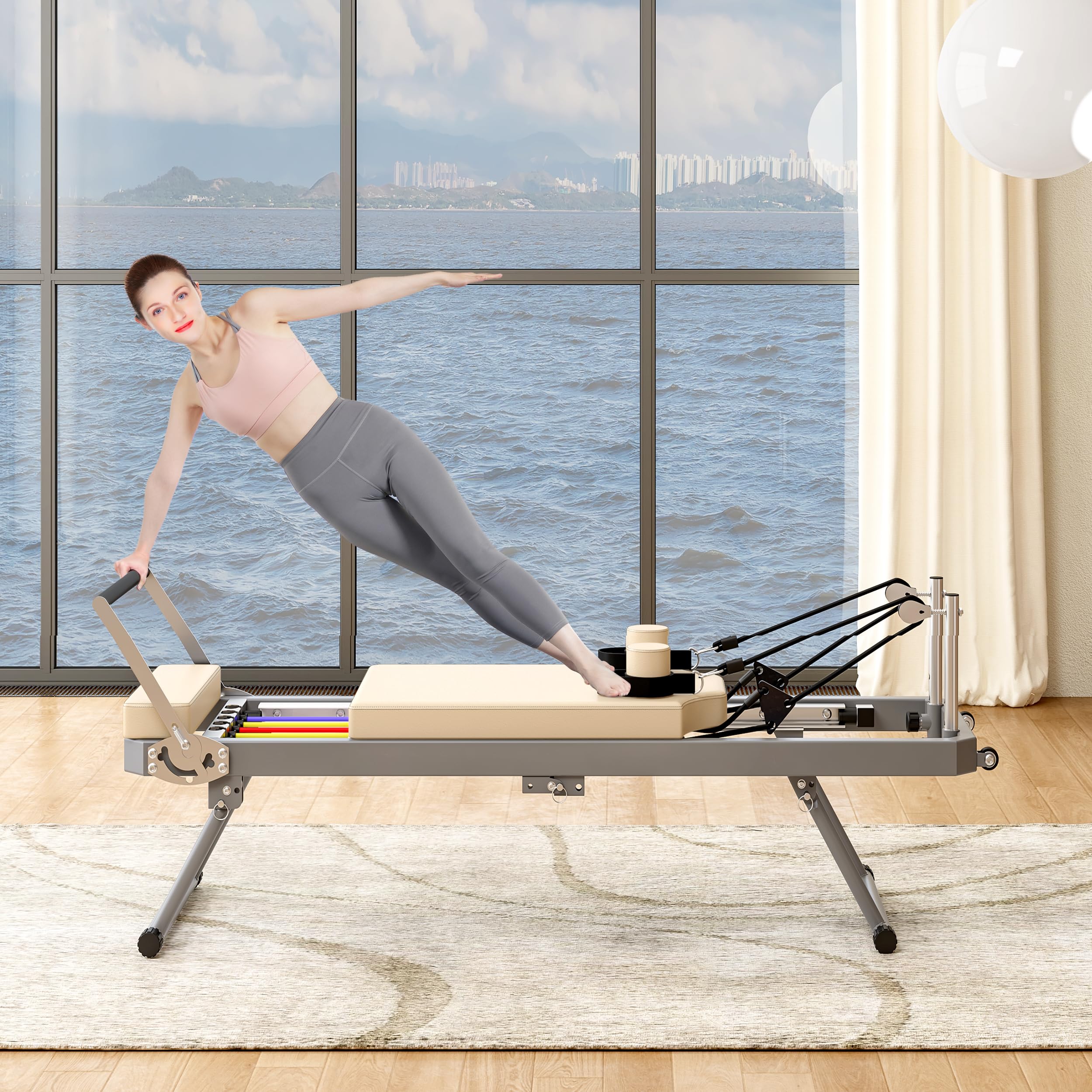 SogesPower Foldable Pilates Reformer Machine for Home Gym - High Strength Alloy Springs, 330lbs Weight Capacity - Perfect for Beginners & Full-Body Workouts | Ideal for Small Spaces, Home Fitness & Pilates Studio Training