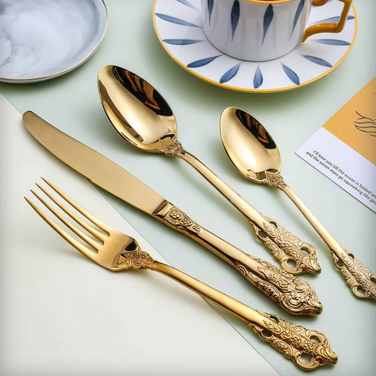 TWEE 30-Piece Vintage Relief Stainless Steel Flatware Set for 6 - Gold Silverware Cutlery Set with Mirror Polish - Durable Dishwasher Safe Tableware for Home, Kitchen, Restaurant & Hotel - Perfect for Dinner Parties, Weddings and Fine Dining
