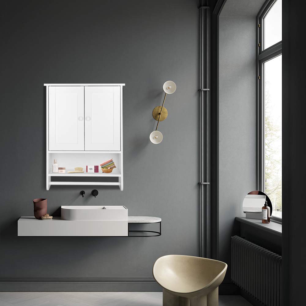 White Double Door Bathroom Wall Cabinet with Towel Bar - Hanging Medicine Storage Organizer for Bathroom & Kitchen - Perfect for Small Space Organization, Bath Essentials Storage, and Home Decor