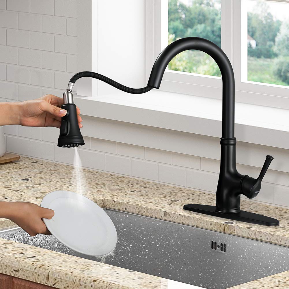 Premium Matte Black Single Handle Pull Down Kitchen Faucet with Sprayer - Modern WEWE Black Kitchen Sink Faucet for Easy Cleaning & Dishwashing | Perfect for Home, Restaurant & Commercial Kitchens