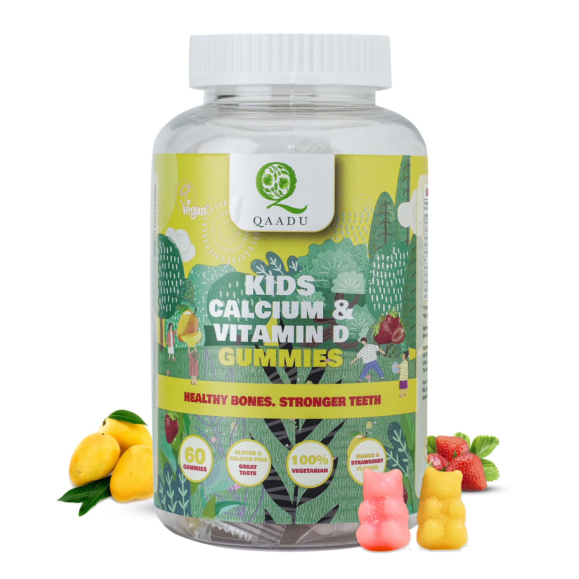 Kids Calcium & Vitamin D Gummies - Vegan Bone & Teeth Support for Healthy Growth | Delicious Mango Strawberry Flavor | 60 Chewable Gummies | UK Vegan Society Certified | Perfect for Picky Eaters & Daily Nutrition