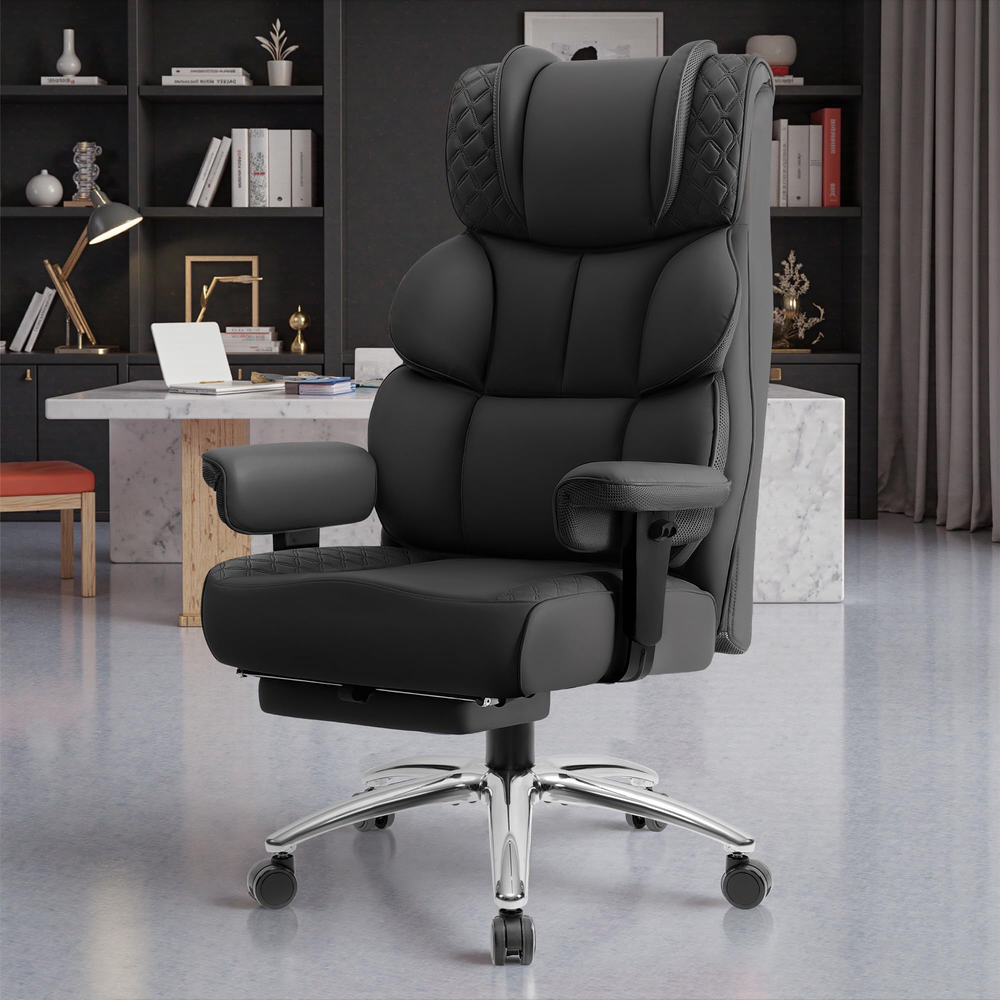 Premium Big and Tall Leather Gaming Chair with Footrest - Ergonomic High-Back Office Desk Chair, Executive Reclining Computer Chair with Lumbar Support & Swivel Wheels - Perfect for Home Office, Gaming Setup & Workspace (Black)