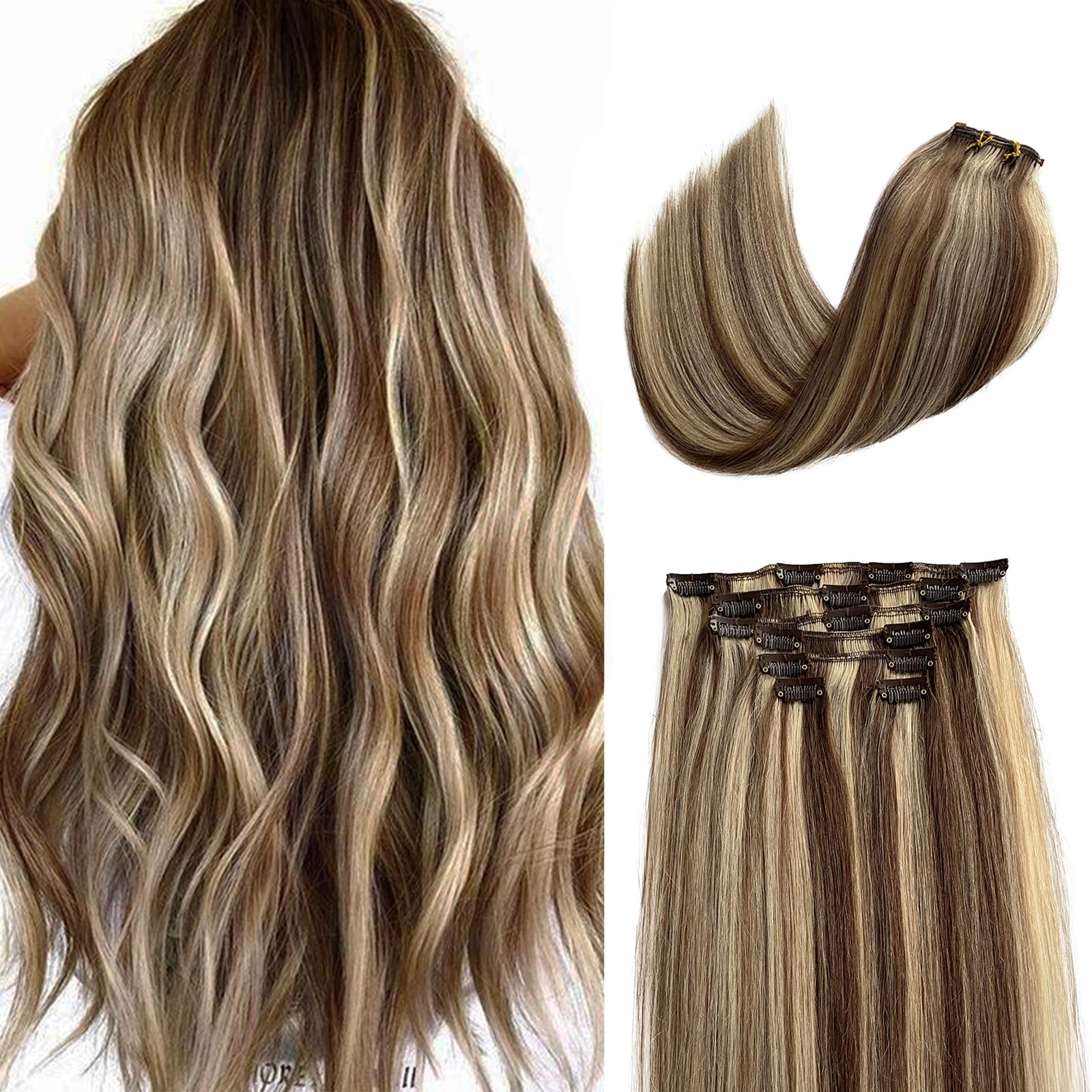 Remy Clip-in Human Hair Extensions 22 Inch - Medium Brown Mix with Bleach Blonde Highlights, 70g 7pcs Double Weft Straight Hair Extensions for Volume & Length | Perfect for Parties, Weddings & Daily Styling