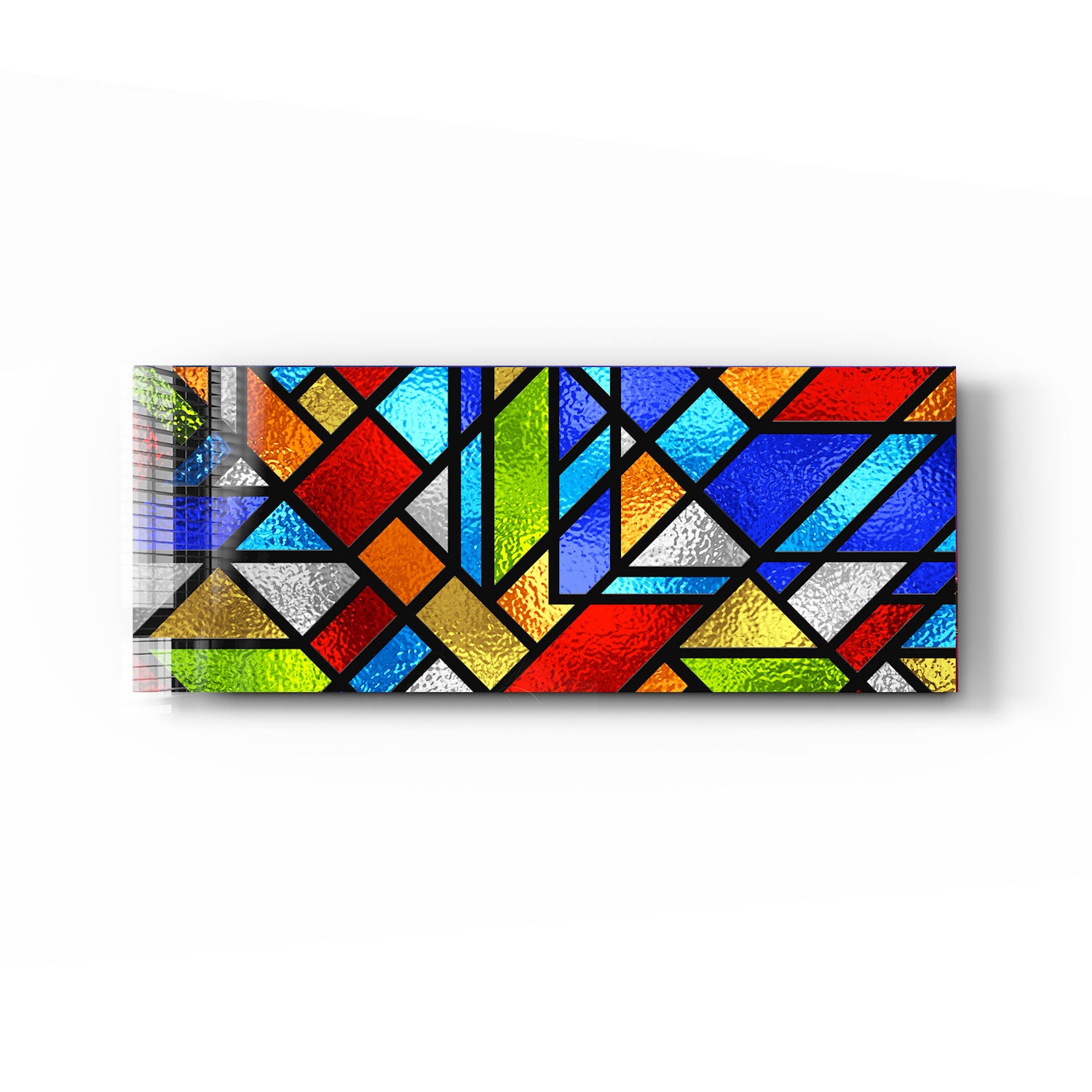 Vibrant Colorful Shapes Stained Glass Window Art - Panoramic View for Home Decor, Church Windows & Gift Ideas