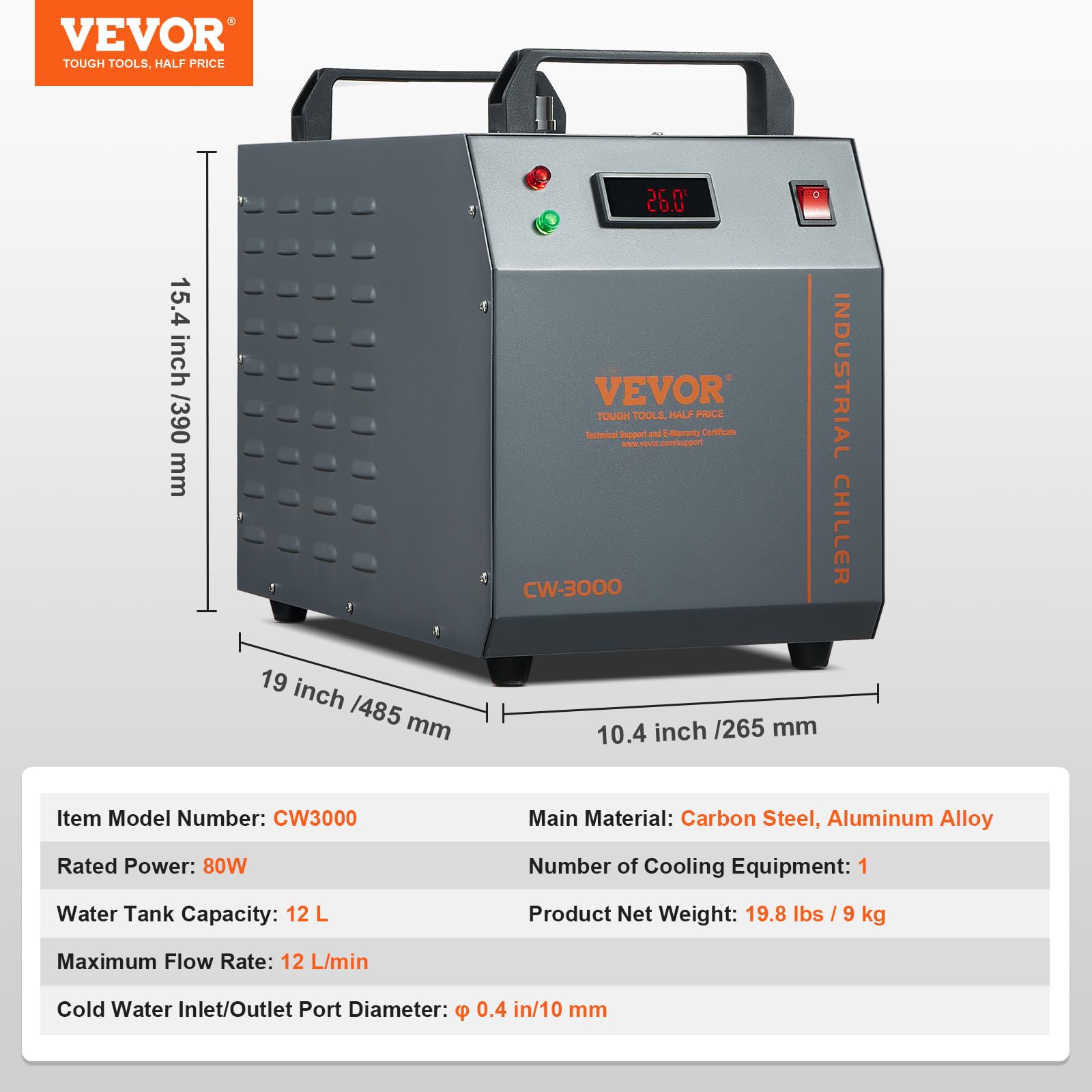VEVOR CW-3000 Industrial Water Chiller - 80W Air Water Cooling System with 12L Tank & 12L/Min Flow Rate for Laser Engraving Machines | Perfect for CNC, 3D Printers & Industrial Equipment Cooling