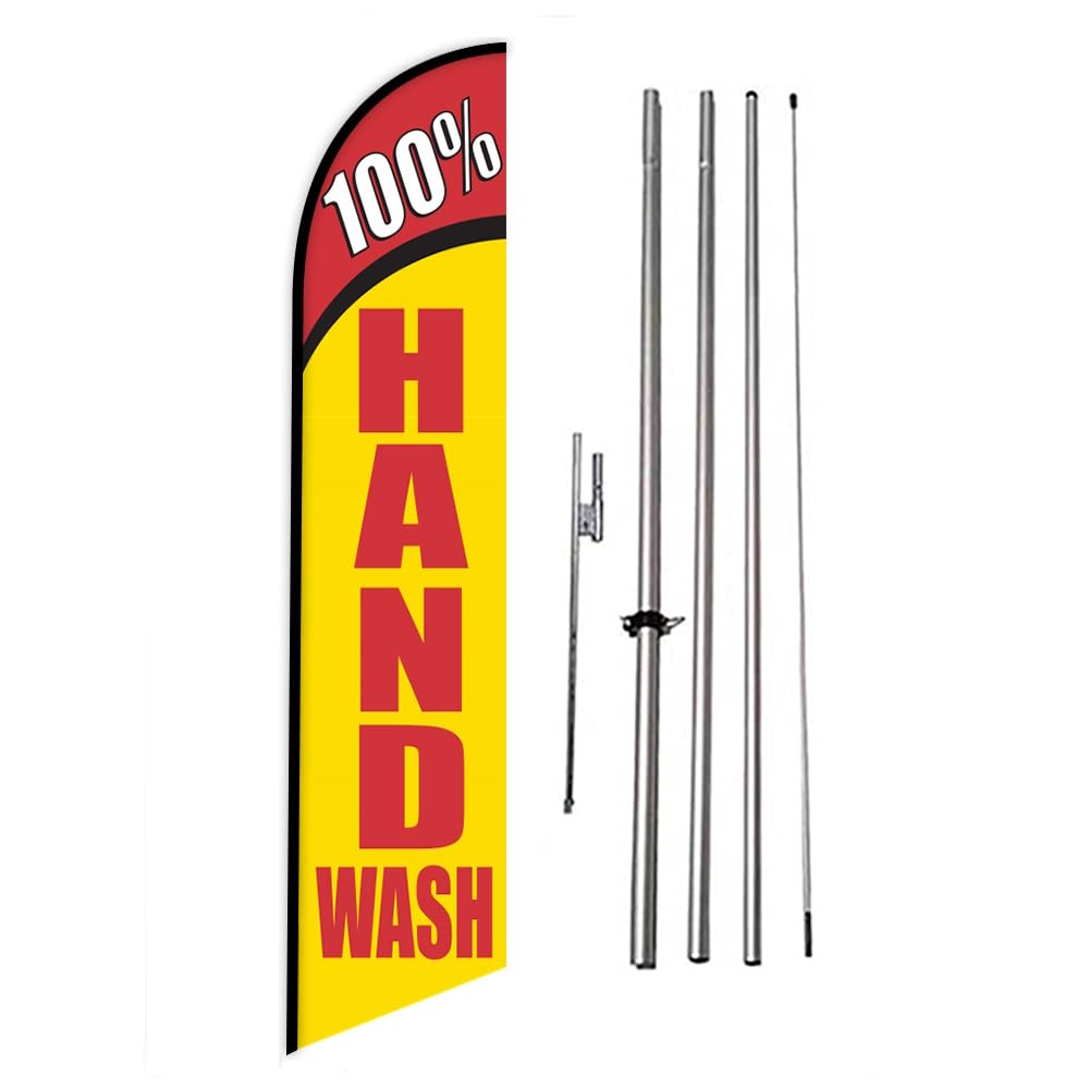 100% Hand Wash - Swooper Feather Flag Outdoor Advertising Sign for Car Wash Businesses With Complete Pole Kit and Ground Stake (Yellow & Red) | Perfect for Car Wash Promotions, Grand Openings & Outdoor Events