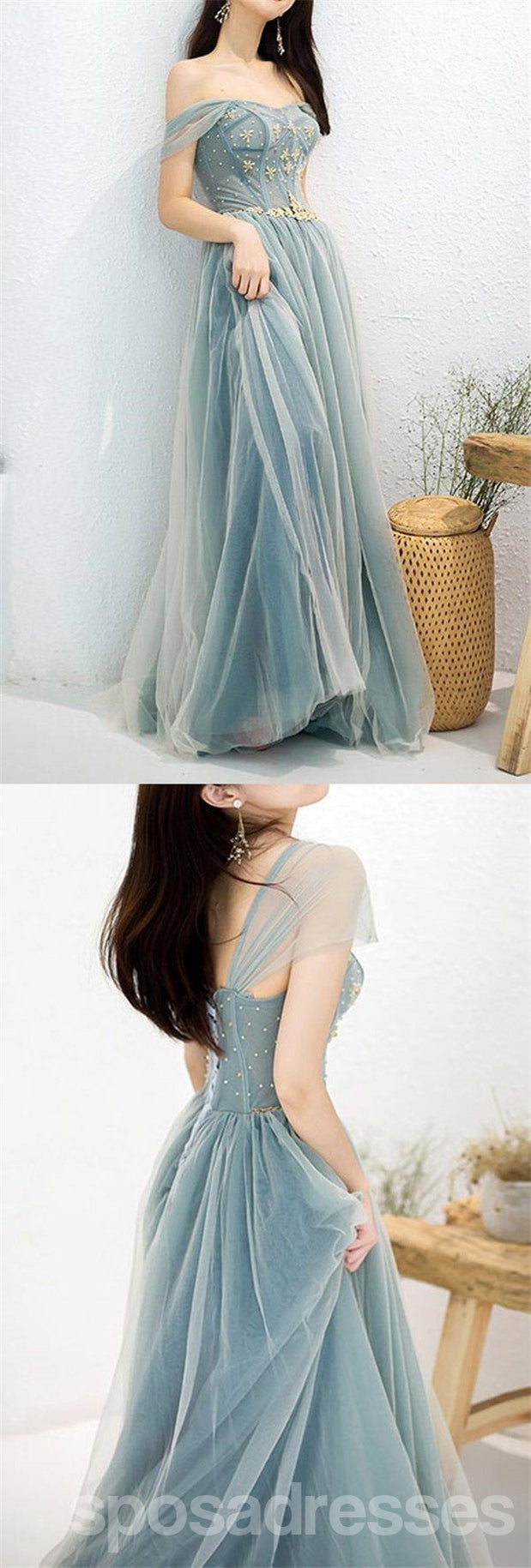 Elegant Blue A-Line Off-Shoulder Long Prom Dress for Women | Formal Evening Party Gown | Homecoming, Wedding, Quinceañera, Ball Gown | Style 12706