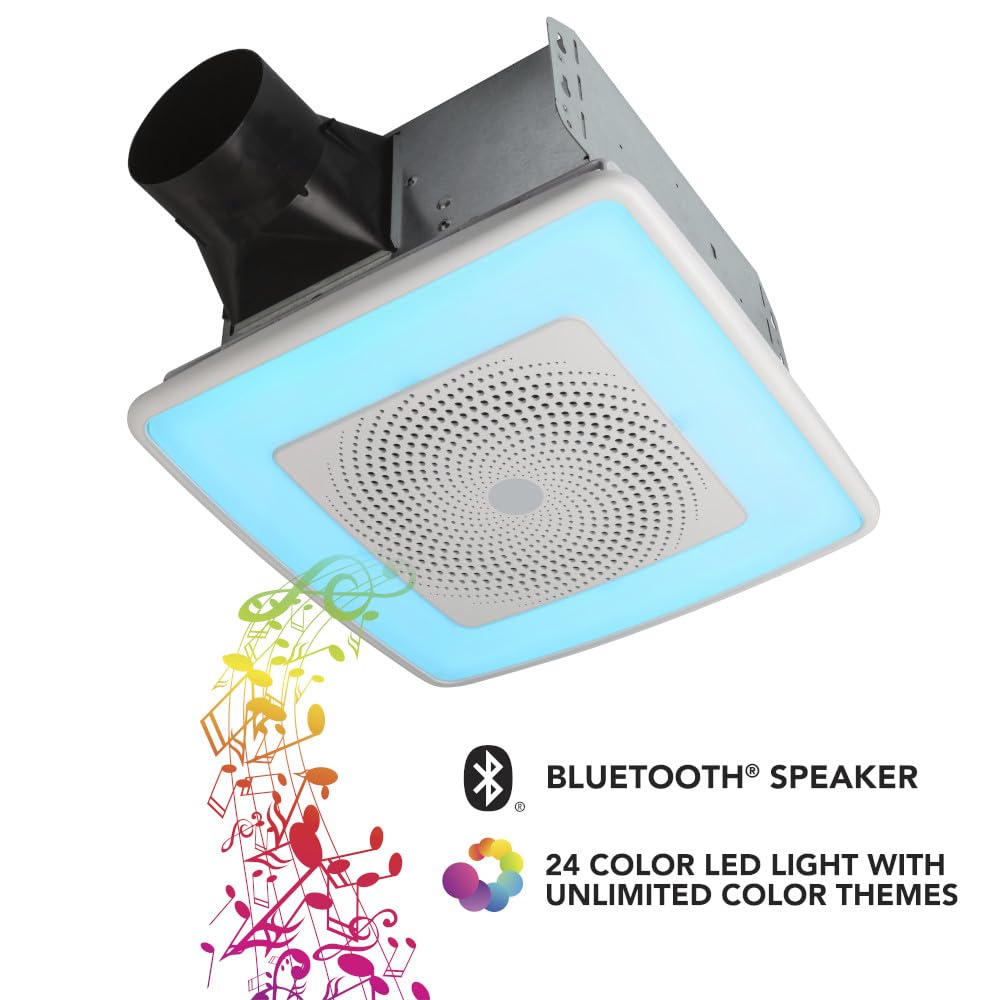 Broan-NuTone SPK110RGBL ChromaComfort Bathroom Exhaust Fan with Bluetooth Speaker & 24-Color LED Light - 110CFM, 1.5 Sones, White - Perfect for Modern Bathrooms, Home Gym Ventilation & Spa-Like Relaxation