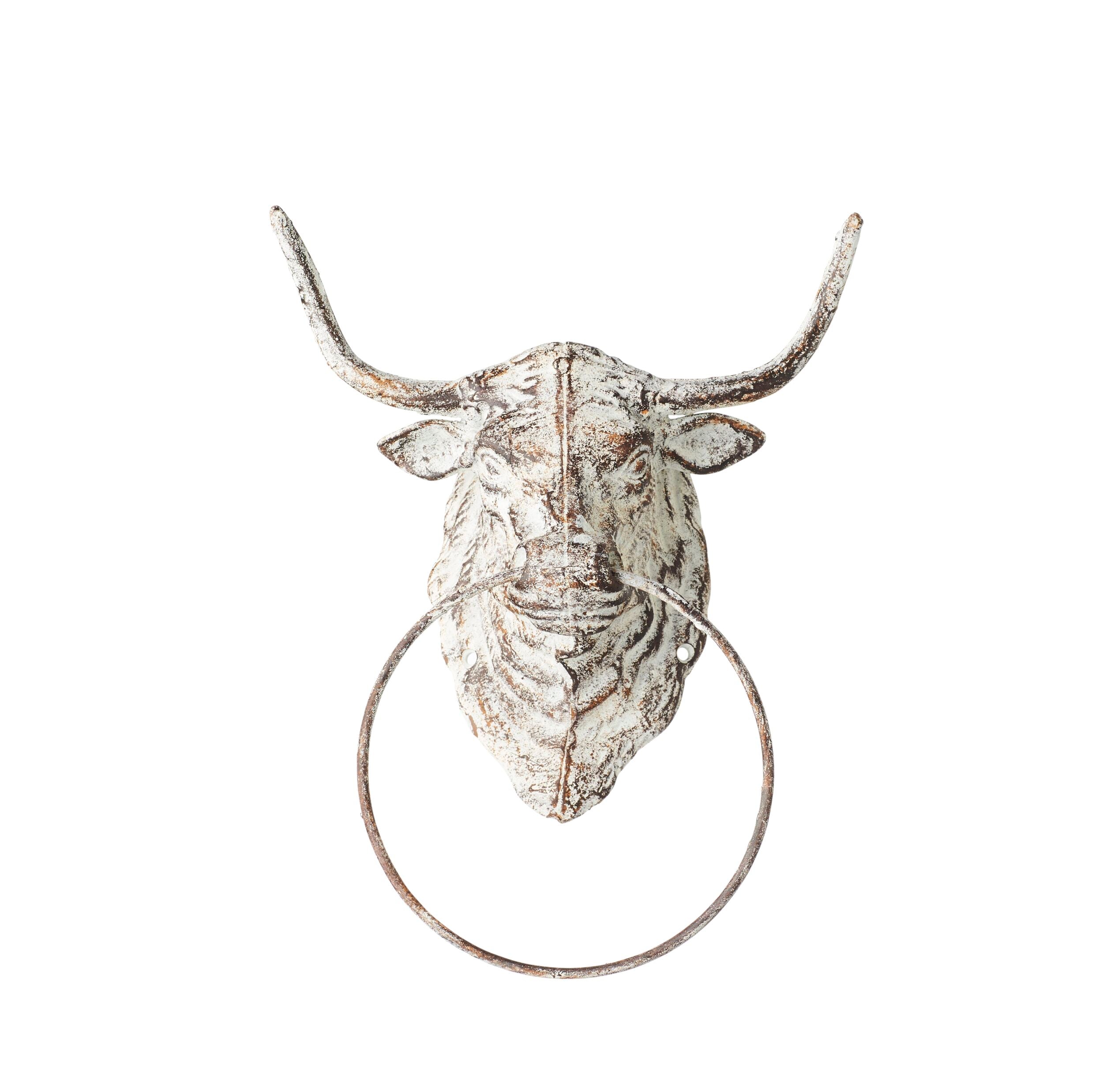 Vintage White Bull Head Towel Holder - 30x23cm Rustic Bathroom Wall Hook for Hand & Kitchen Towels - Perfect for Farmhouse, Country & Antique Style Decor