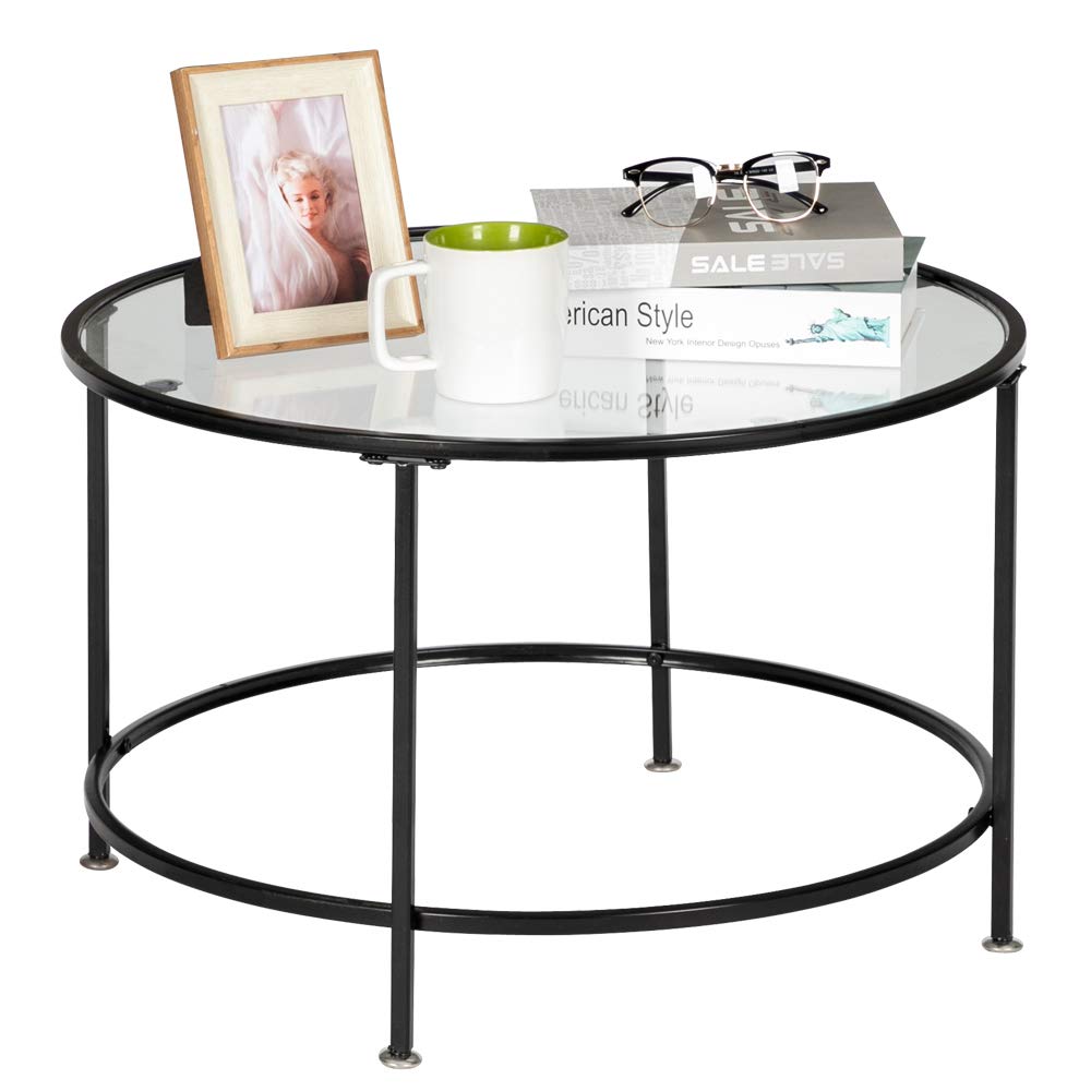 VINGLI 26'' Modern Round Coffee Table with Tempered Glass Top and Sturdy Metal Frame - Perfect for Living Room, Lounge & Home Decor