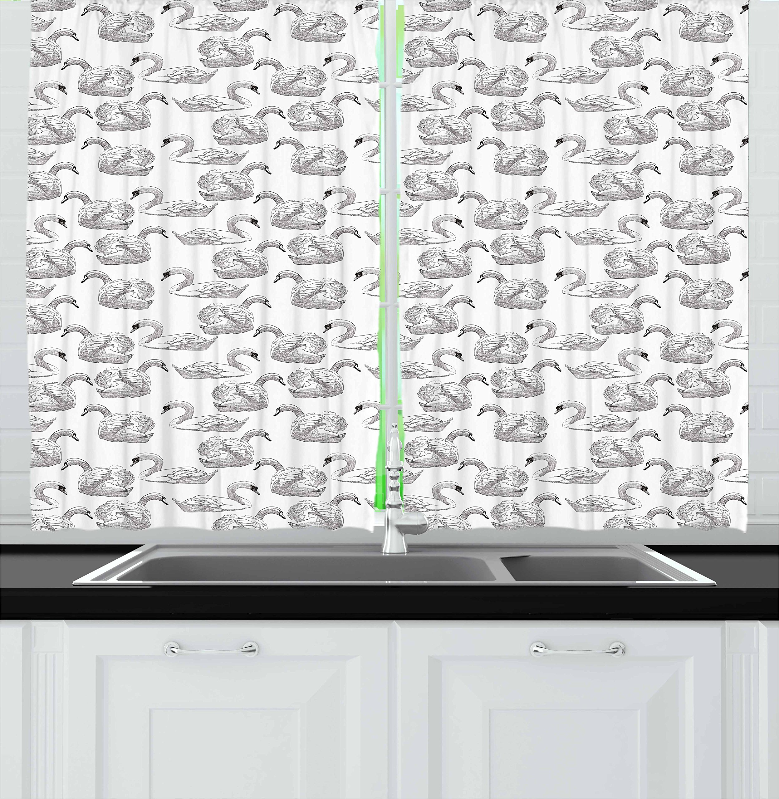 Ambesonne Black and White Swan Kitchen Curtains - Elegant Sketch Art Waterfowl Design, 2 Panel Set for Windows, 55