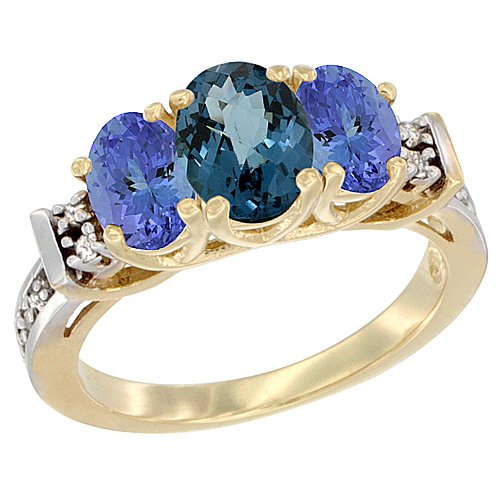 10K Yellow Gold Natural London Blue Topaz & Tanzanite Ring with 3-Stone Oval Diamond Accent - Elegant Jewelry for Engagement, Wedding & Anniversary Gifts