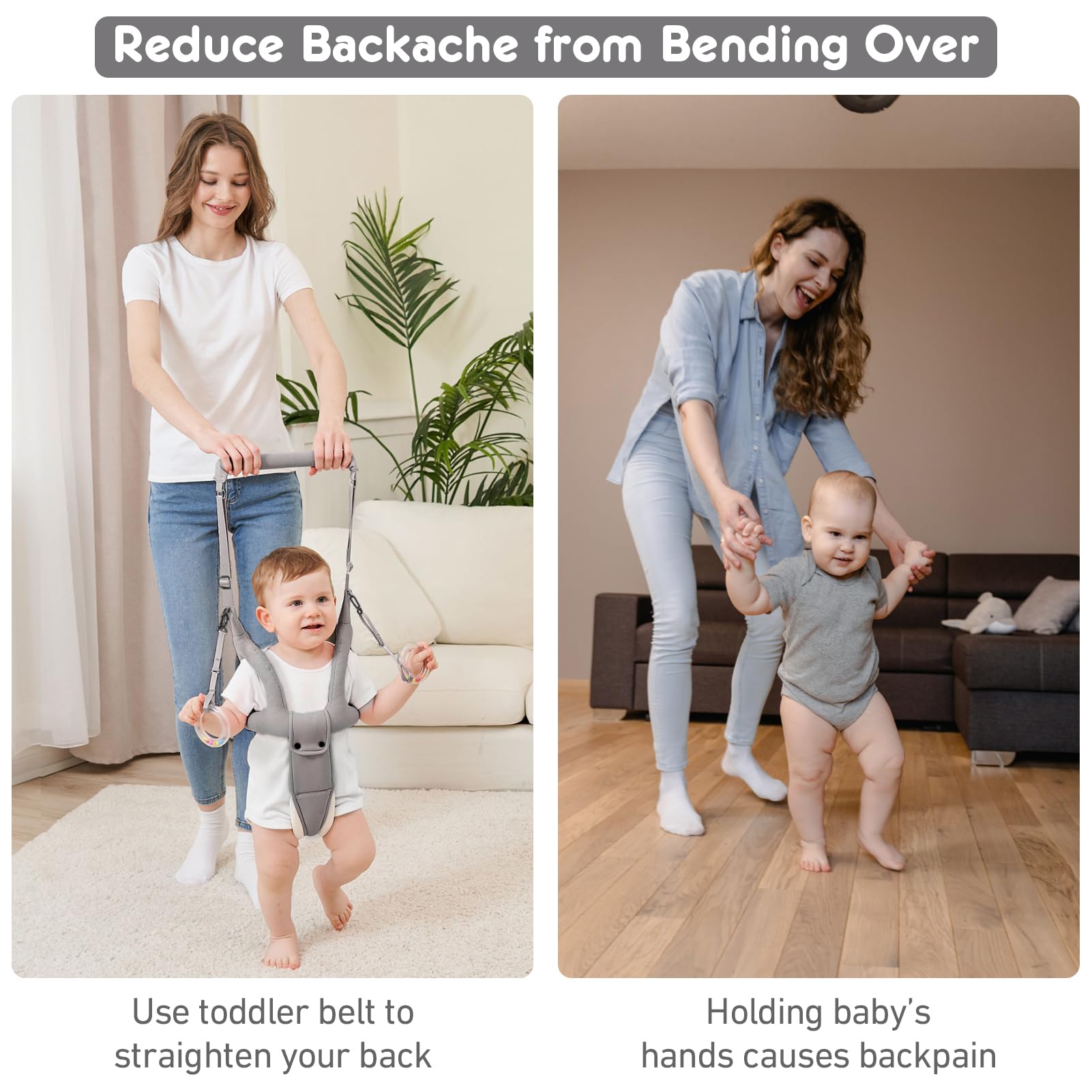 Baby Walking Harness for 8-16 Months - Adjustable Infant Toddler Walker Assistant Belt with Handheld Support - Safe Standing & Walking Aid for Babies (Gray) - Perfect for First Steps & Indoor/Outdoor Learning