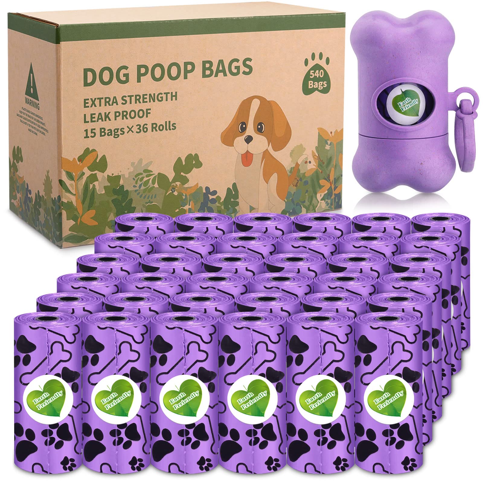 McNory 540 Dog Waste Bags - 36 Rolls with Dispenser | Heavy Duty, Leak-Proof Poop Bags for Dogs | Perfect for Park Walks, Backyard Cleanup & Travel (Purple)