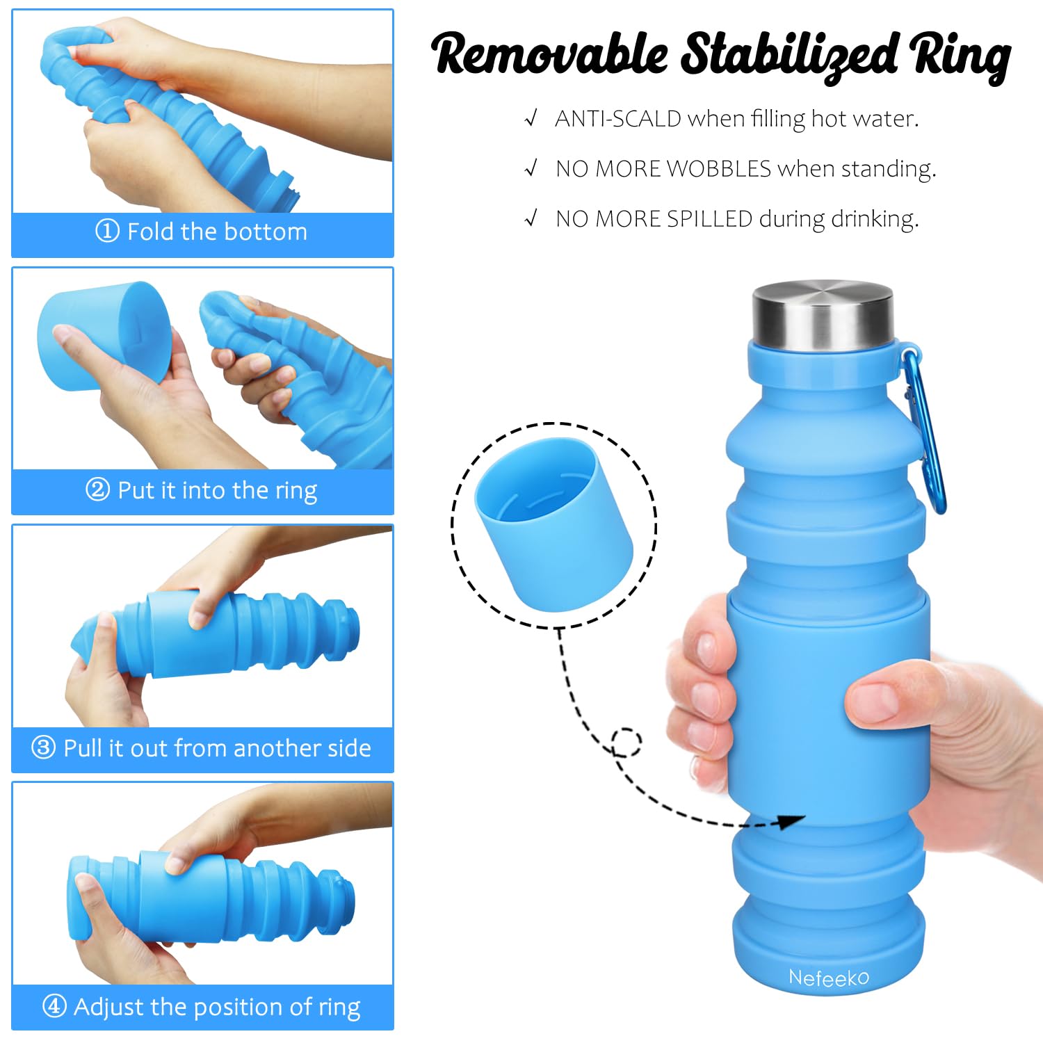Nefeeko Collapsible Water Bottle - BPA Free, 18oz Leakproof for Travel & Gym