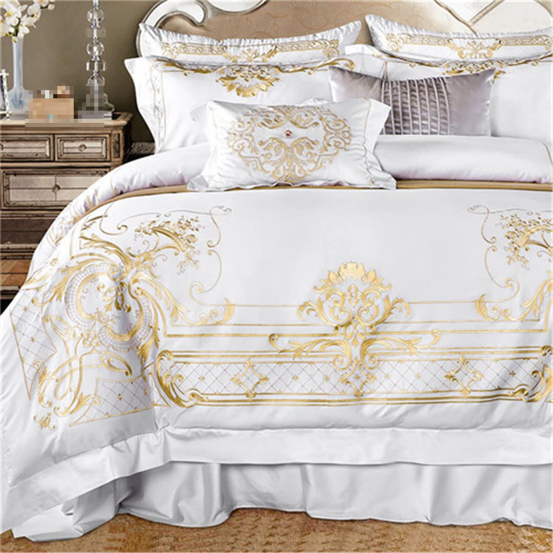 White Cotton Bedding Set - King/Queen Size with Golden Embroidery for Soft Comfort | Luxury Bedroom Decor