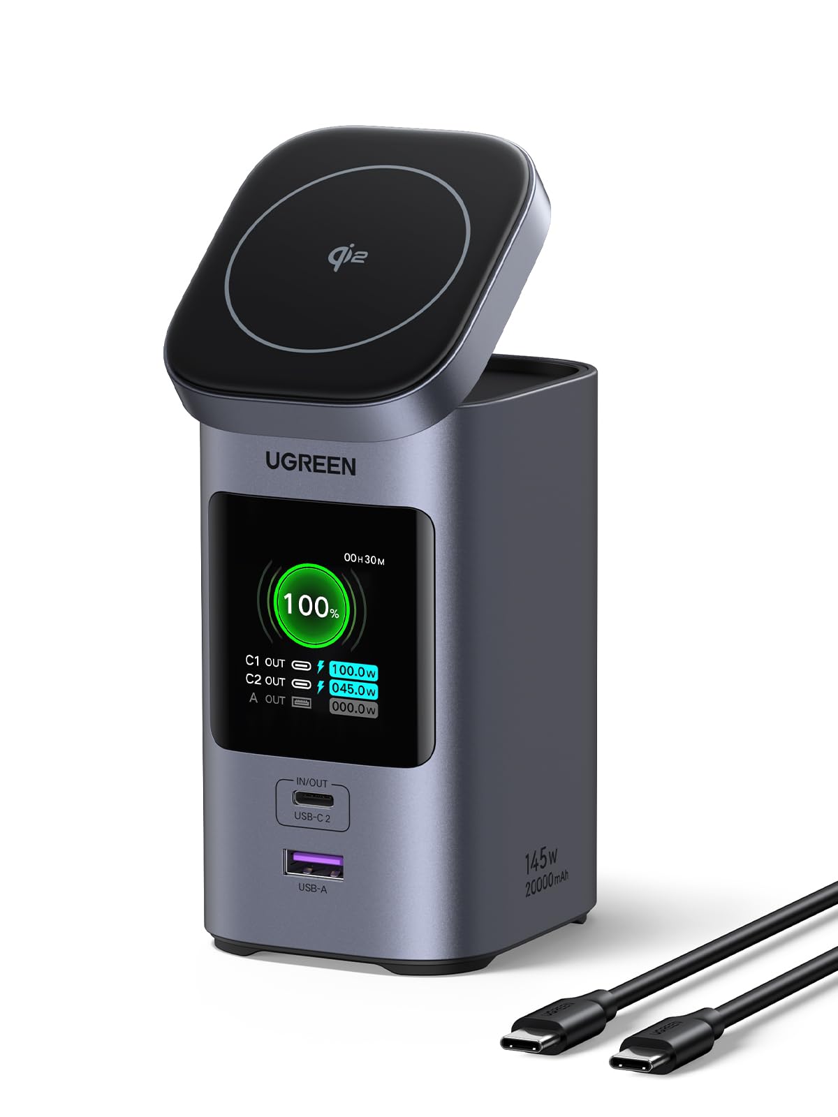 UGREEN Nexode 20000mAh 145W PD 3.0 Power Bank with 15W Qi2 Wireless Charging | Portable Charger for iPhone 16, MacBook, iPad Pro | Fast Charging Battery Pack with Magsafe & TFT Display | Perfect for Travel, Work, and Outdoor Adventures