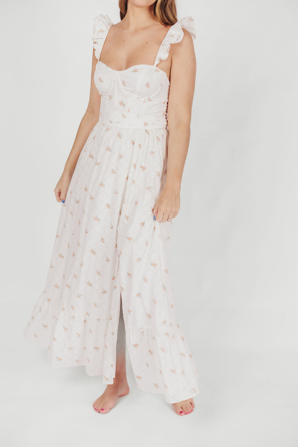 Rosamund Bustier Style Maxi Dress - White & Orange Floral Print, Plus Size (S-XL) | Elegant Summer Wedding Guest Dress, Beach Cover Up & Boho Party Outfit