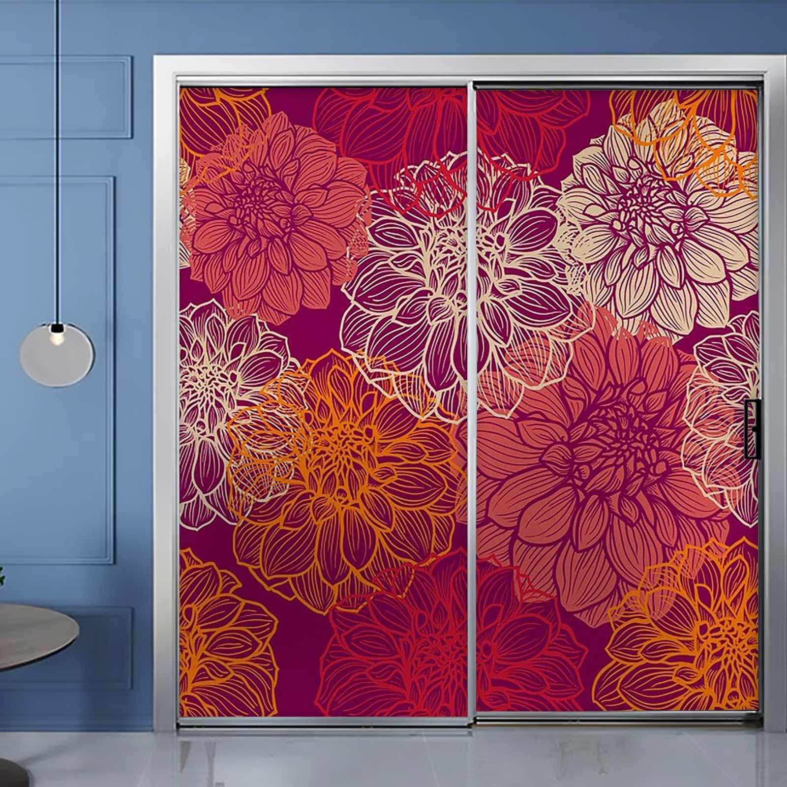 Floral Frosted Glass Window Film - Red Decorative Non-Adhesive Privacy Cling for Bathroom & Doors | Opaque Vinyl Stickers for Home & Office Decoration