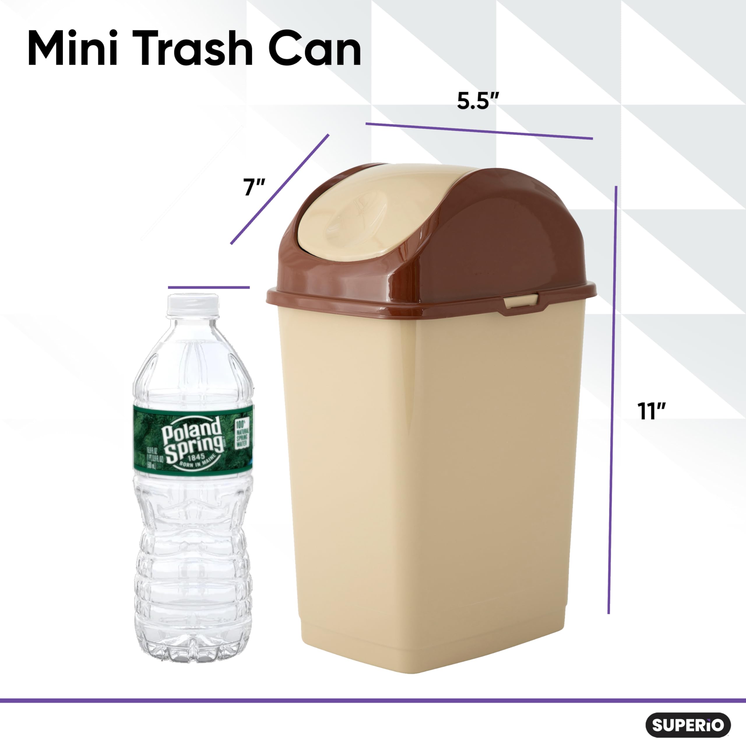 Superio 1.25 Gallon (5 Quart) Small Plastic Trash Can with Swing Lid - Mini Waste Bin for Bathroom, Office Desk, Vanity, Kitchen Countertop - Compact Garbage Can for Home & Office Use (Beige/Brown)