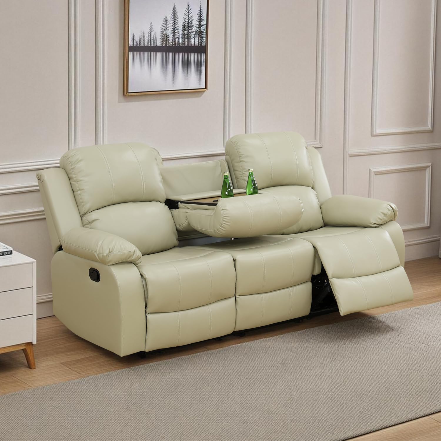 Premium Leather Recliner Sofa - Wall Hugger Reclining Couch with Cup Holder, Beige Living Room Furniture for Home Theater & Office Seating | Comfortable Leather Sofa for Relaxation, Movie Nights & Work From Home