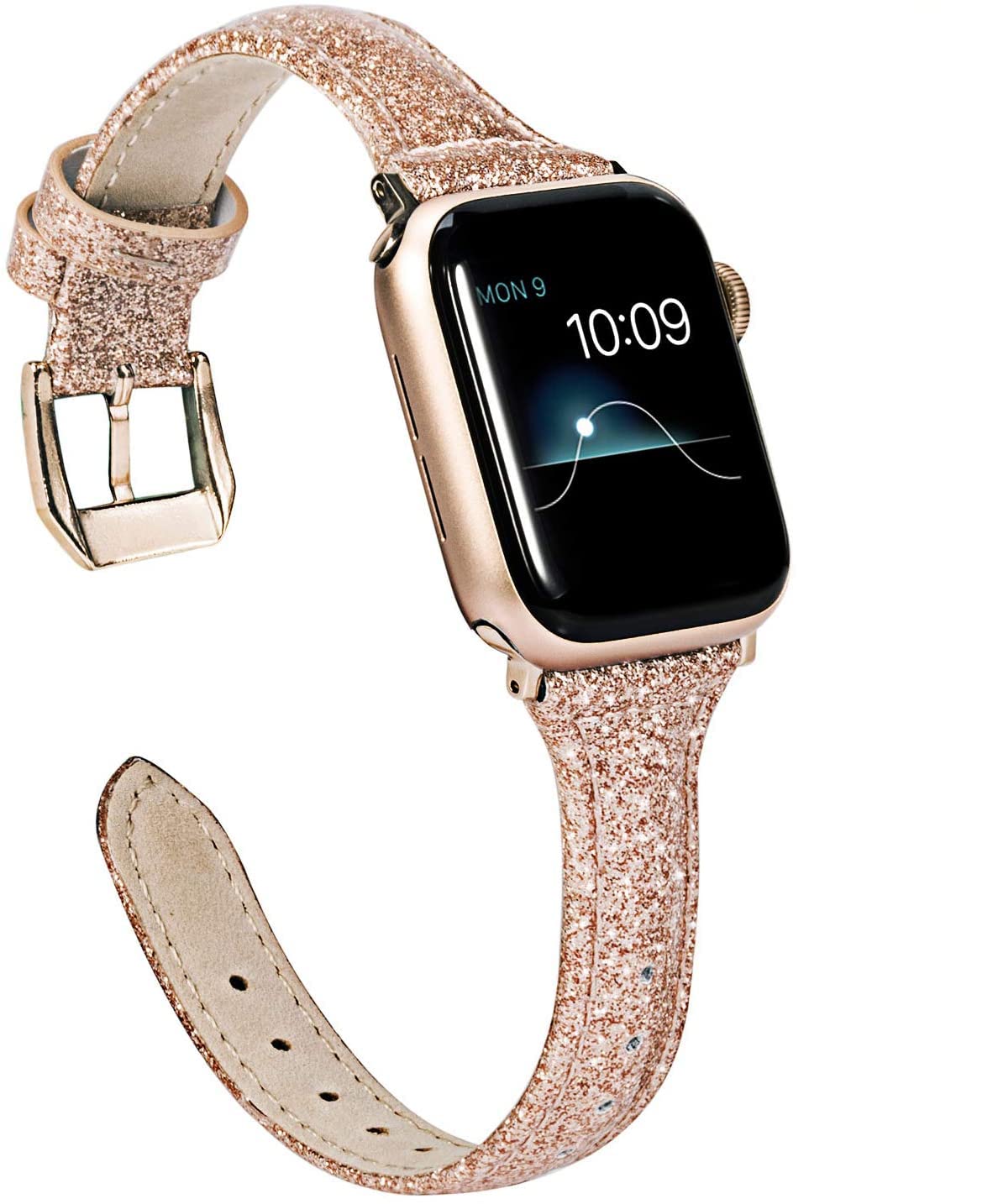 Wearlizer Thin Glitter Leather Apple Watch Band for Women - Compatible with 38mm/40mm/41mm/42mm/44mm/45mm/46mm/49mm iWatch Series SE/Ultra/10/9/8/7/6/5/4/3/2/1 - Slim Bling Glistening Strap for Workout, Office & Special Occasions